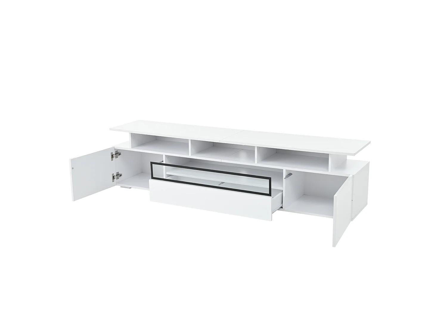 Meuble TV bas 180×38×45 cm laqué avec LED, 2 placards, 1 tiroir et 10 niches, pour TV jusqu’à 75"
