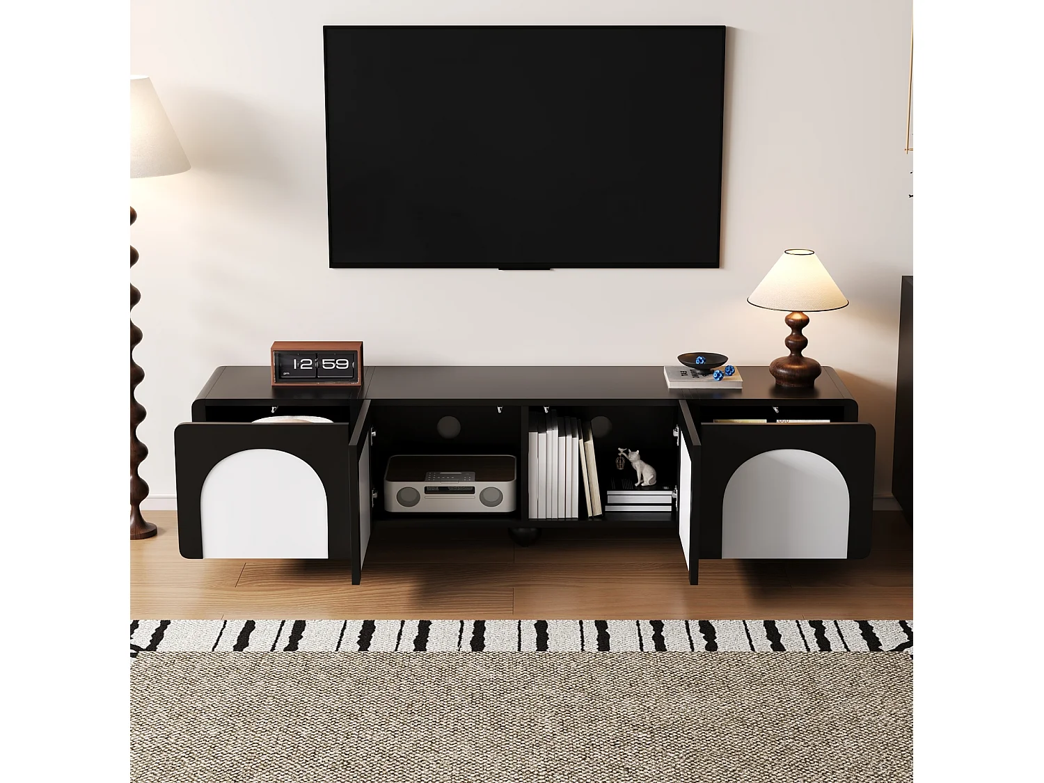 Móvel para TV com duas gavetas e duas portas, design clássico em preto e branco, 180 x 38 x 45 cm