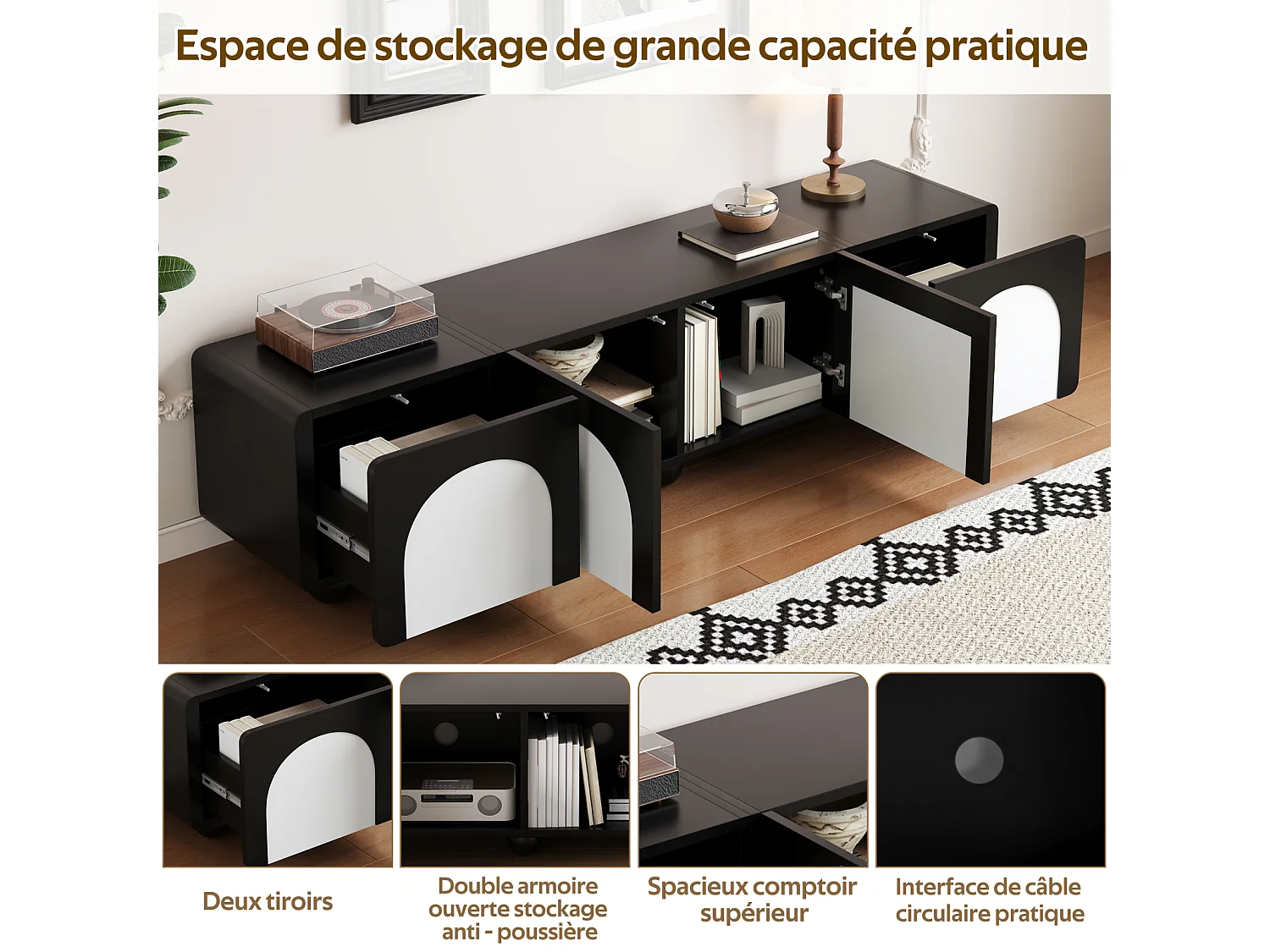 Móvel para TV com duas gavetas e duas portas, design clássico em preto e branco, 180 x 38 x 45 cm