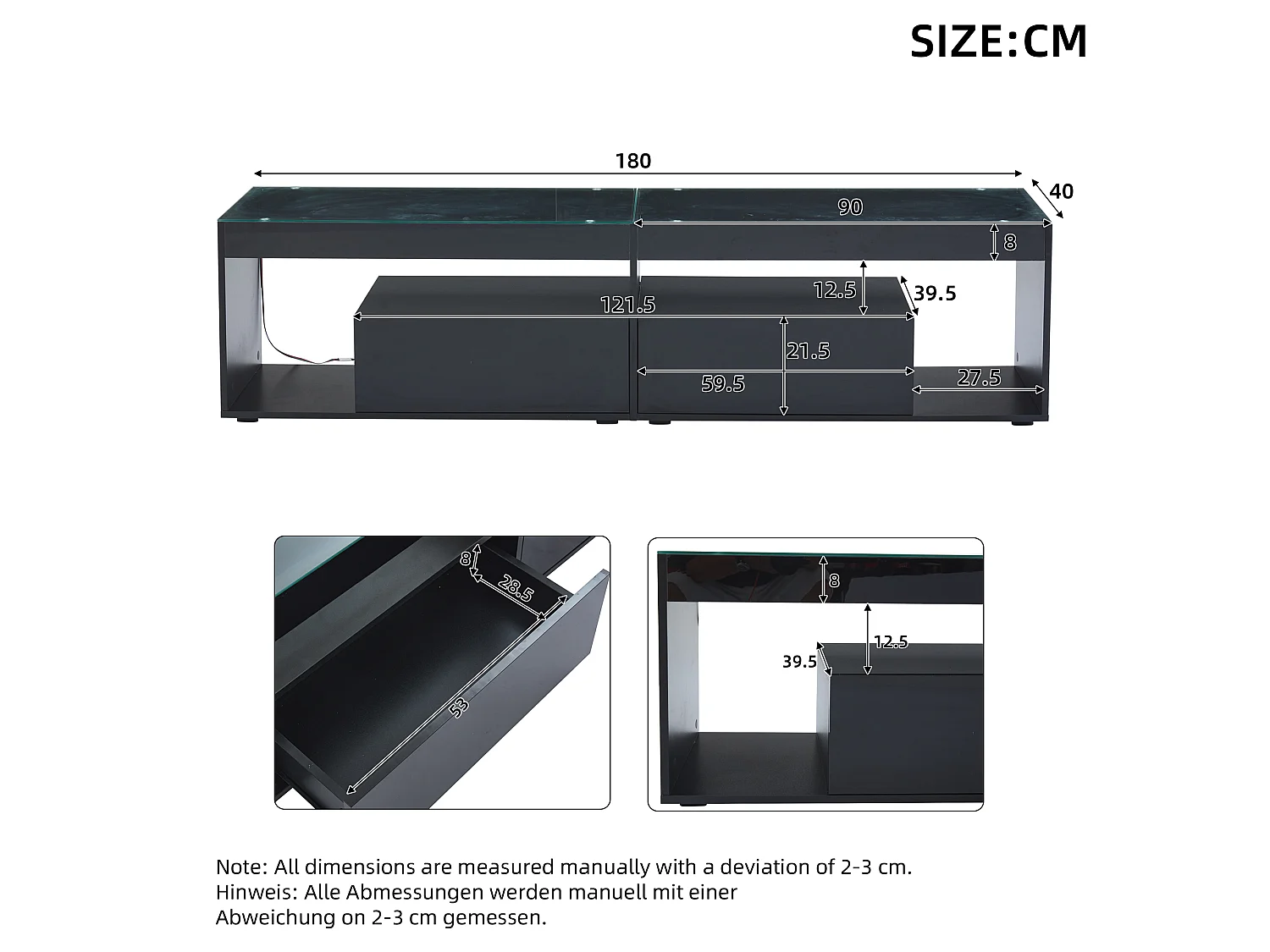 Suporte para TV com iluminação LED - Preto brilhante - Móvel para TV com 2 gavetas - Tampo de vidro