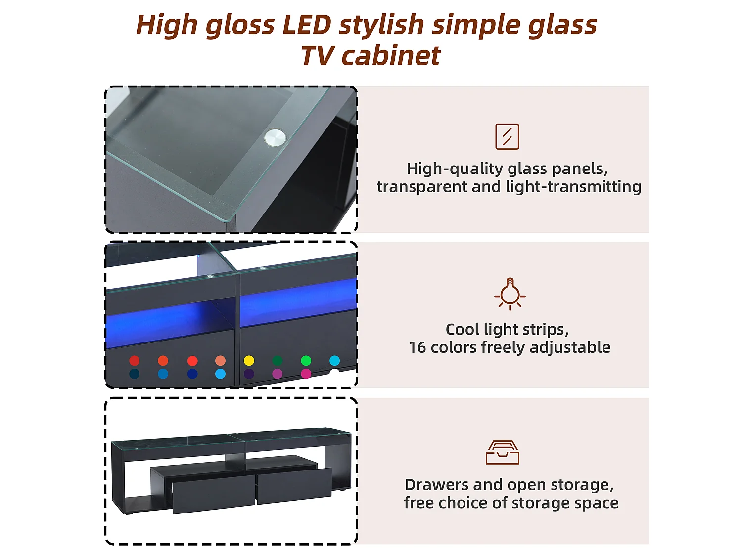 Suporte para TV com iluminação LED - Preto brilhante - Móvel para TV com 2 gavetas - Tampo de vidro