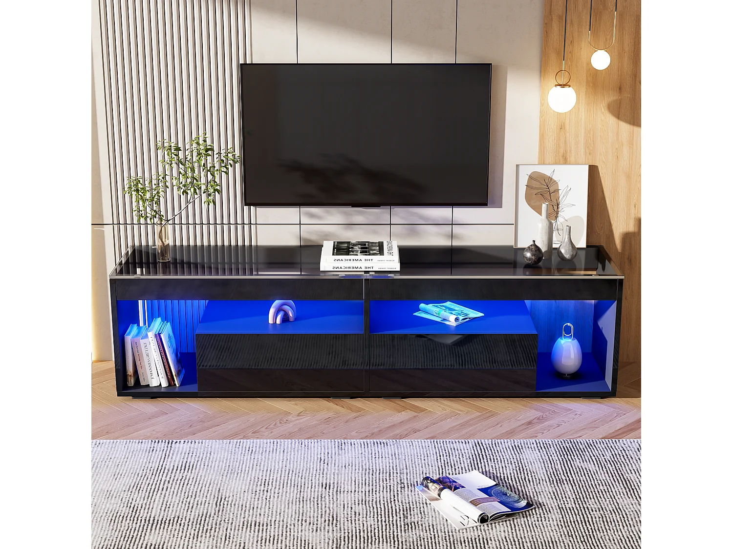 Suporte para TV com iluminação LED - Preto brilhante - Móvel para TV com 2 gavetas - Tampo de vidro