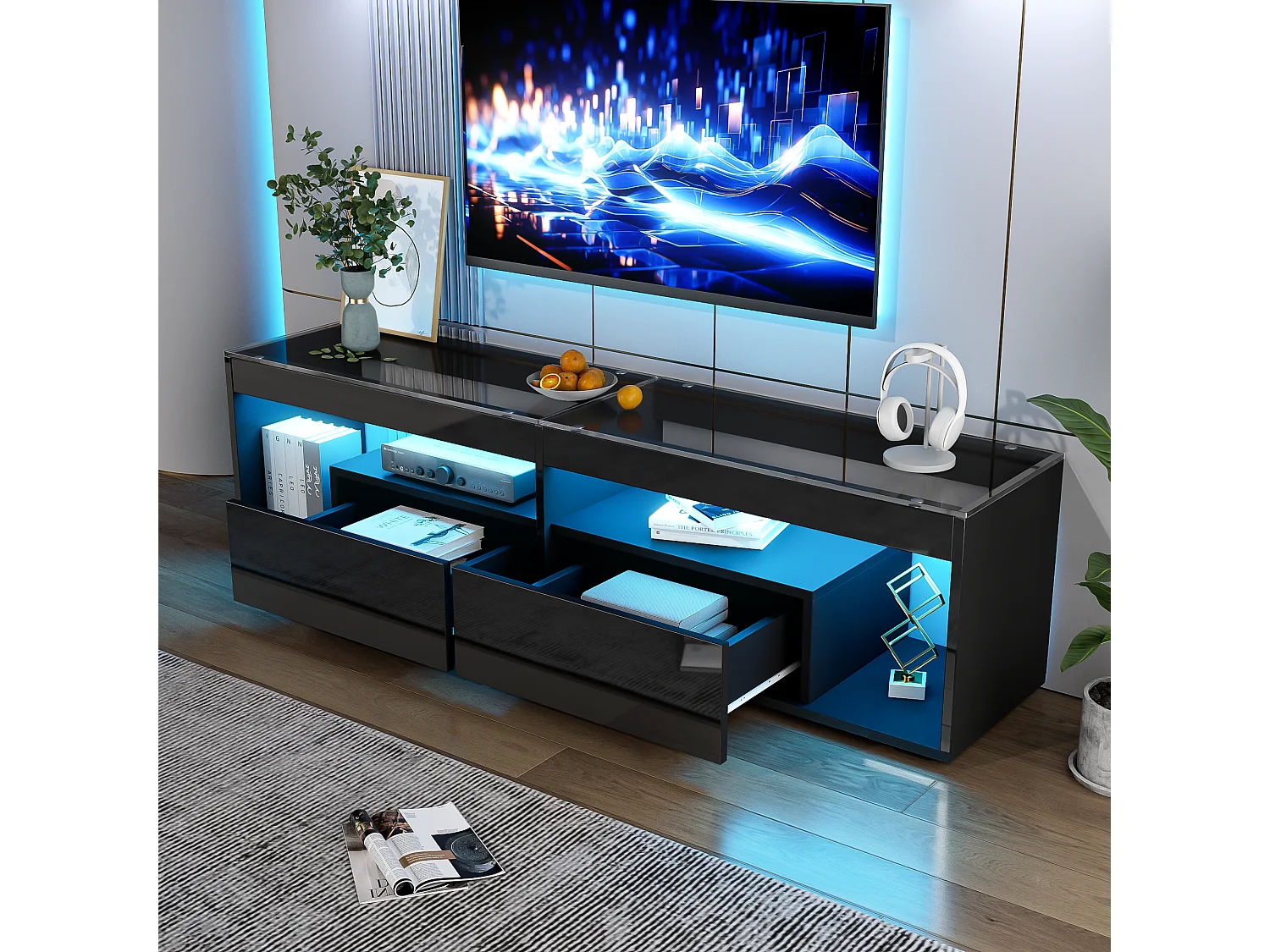 Suporte para TV com iluminação LED - Preto brilhante - Móvel para TV com 2 gavetas - Tampo de vidro