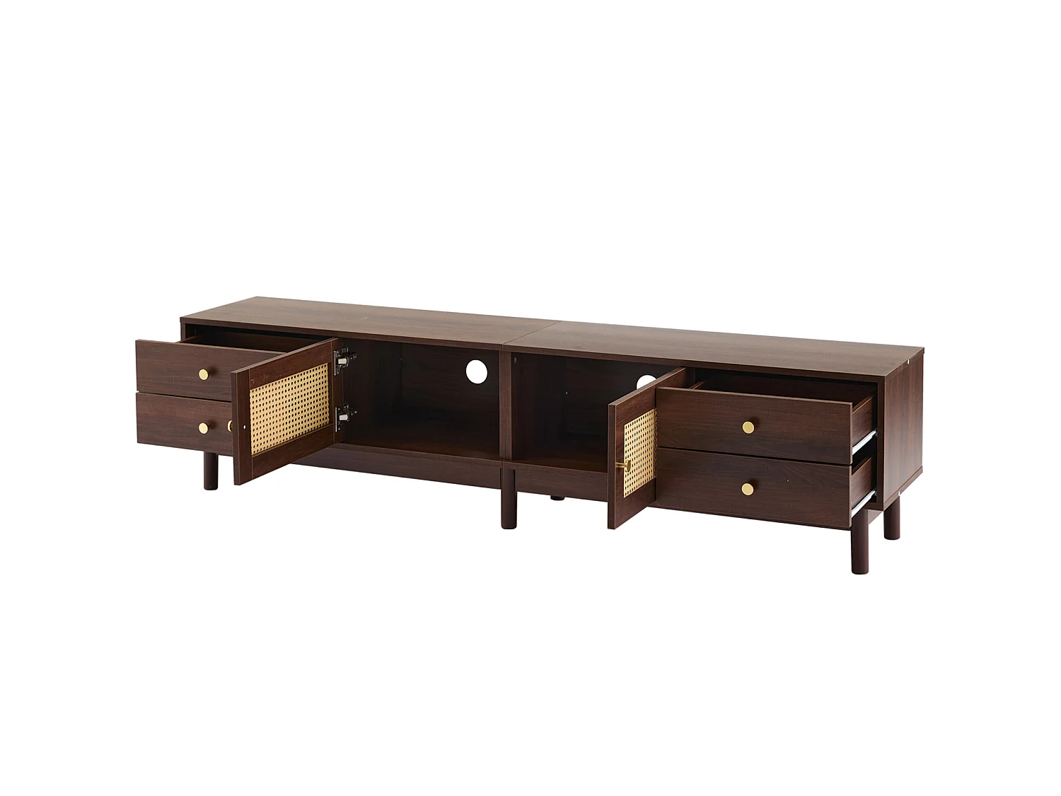 Meuble TV 180cm, Meuble TV en Rotin en Bois, Banc TV avec 4 Tiroirs et 2 Portes, Style Rétro, Marron