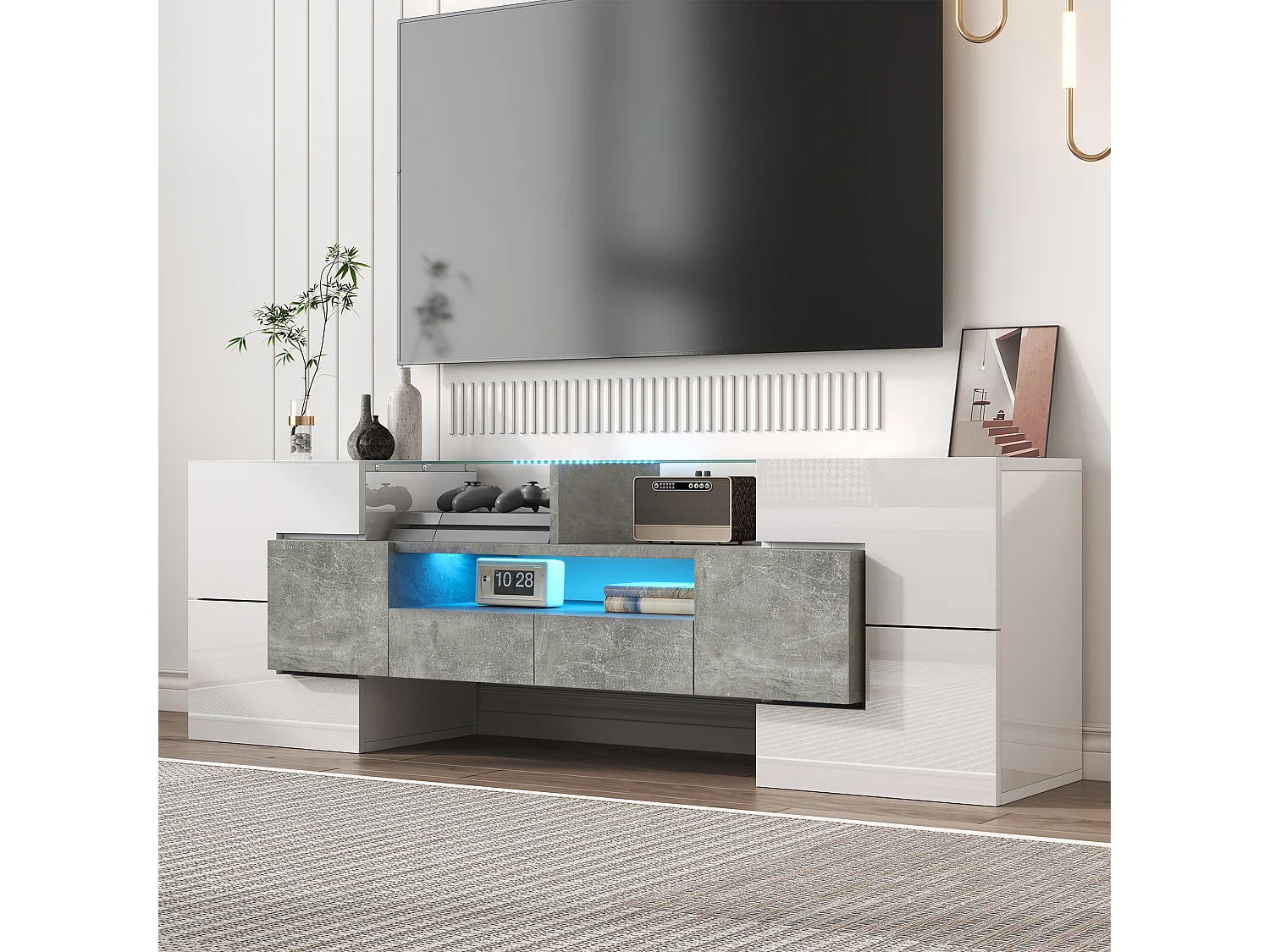 Mueble de TV moderno de alto brillo con iluminación LED, 4 puertas y 2 cajones, espacio de almacenamiento abierto, acabado en hormigón.