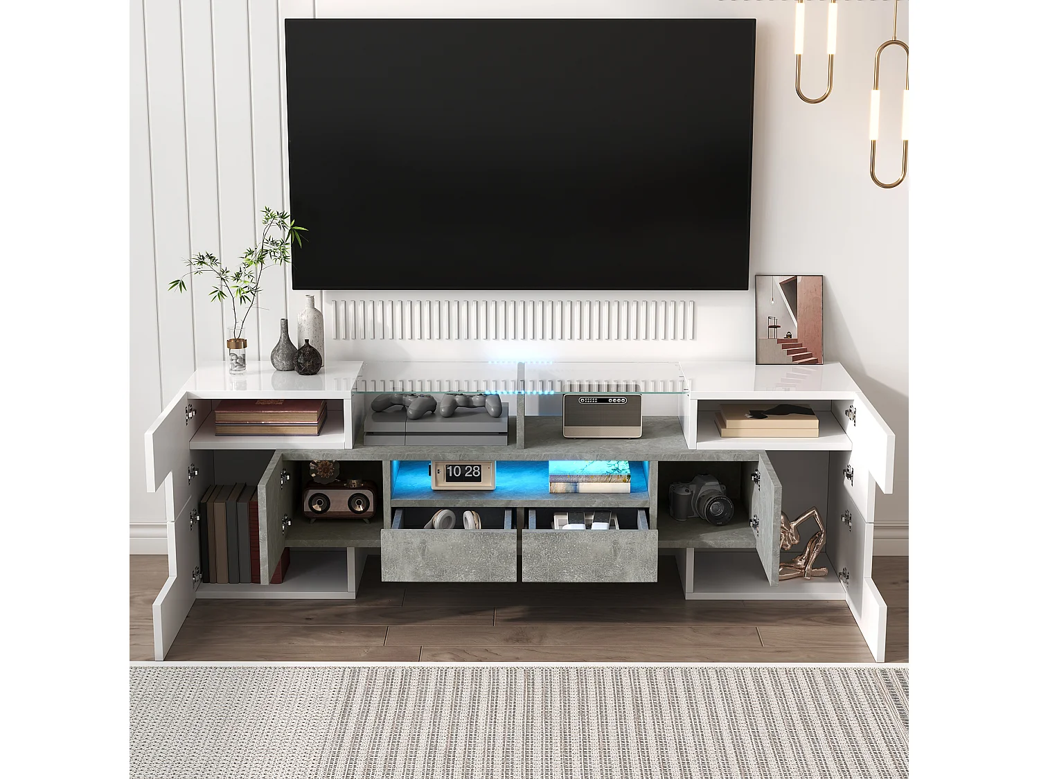 Mueble de TV moderno de alto brillo con iluminación LED, 4 puertas y 2 cajones, espacio de almacenamiento abierto, acabado en hormigón.