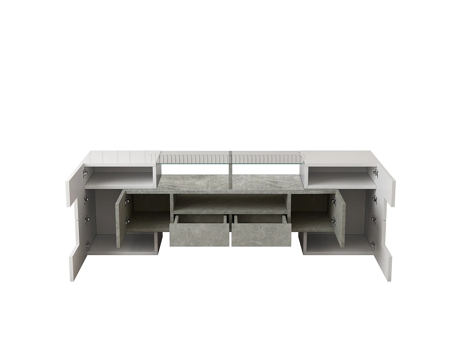 Mueble de TV moderno de alto brillo con iluminación LED, 4 puertas y 2 cajones, espacio de almacenamiento abierto, acabado en hormigón.