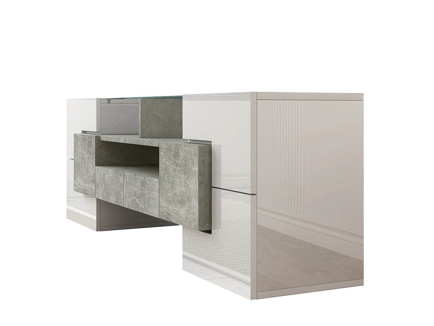 Mueble de TV moderno de alto brillo con iluminación LED, 4 puertas y 2 cajones, espacio de almacenamiento abierto, acabado en hormigón.