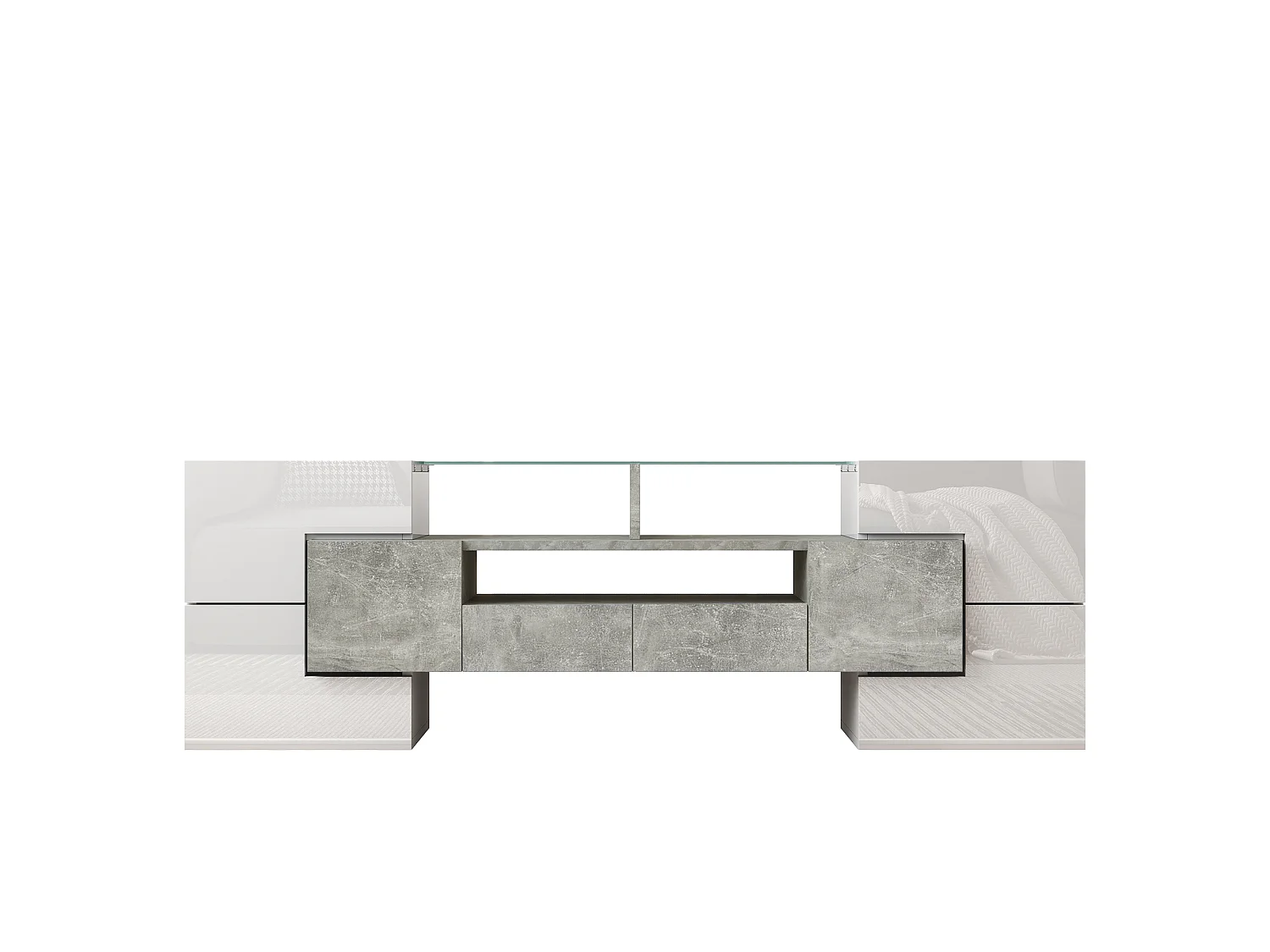 Mueble de TV moderno de alto brillo con iluminación LED, 4 puertas y 2 cajones, espacio de almacenamiento abierto, acabado en hormigón.