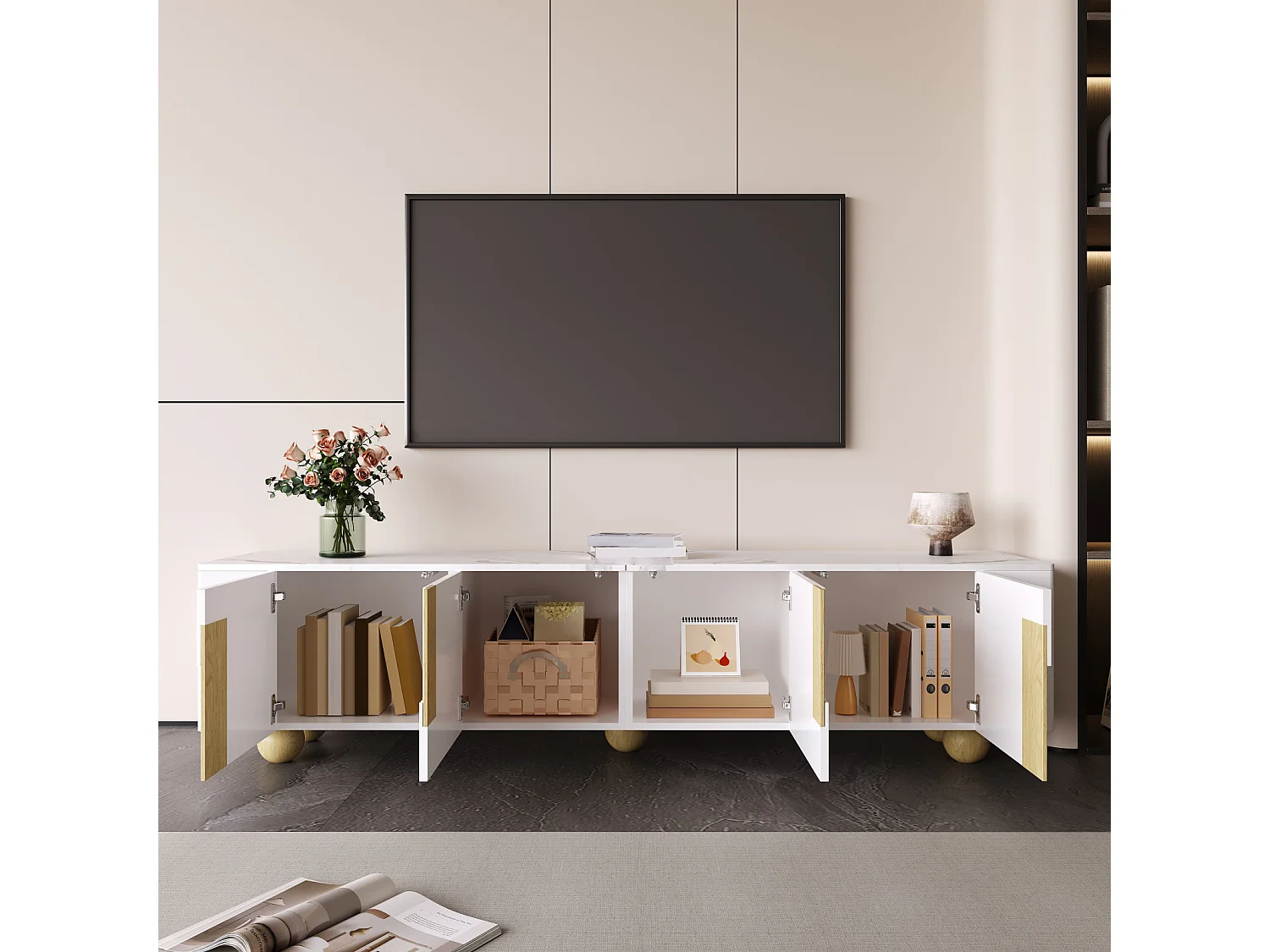 Meuble TV blanc 180 cm, 4 portes, design élégant, surface aspect marbre, pieds en bois sphériques