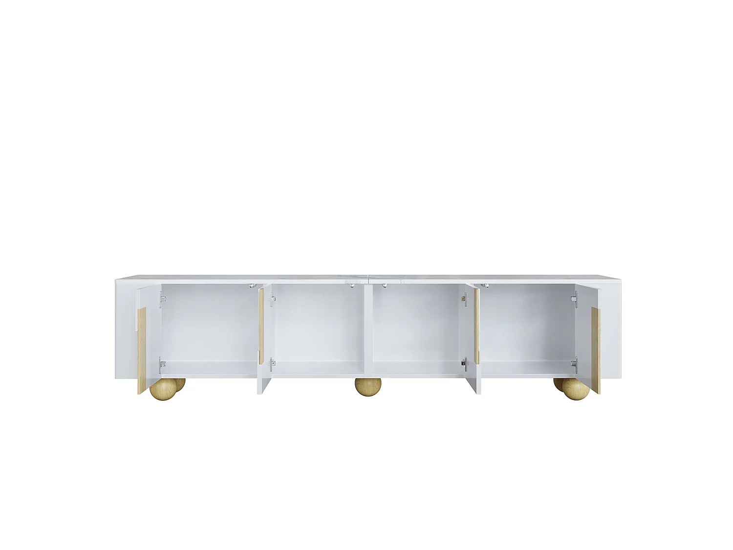 Meuble TV blanc 180 cm, 4 portes, design élégant, surface aspect marbre, pieds en bois sphériques