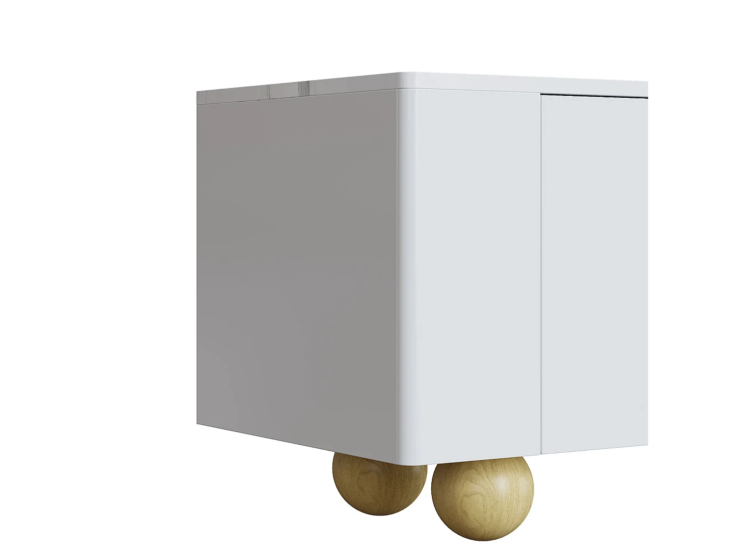 Meuble TV blanc 180 cm, 4 portes, design élégant, surface aspect marbre, pieds en bois sphériques