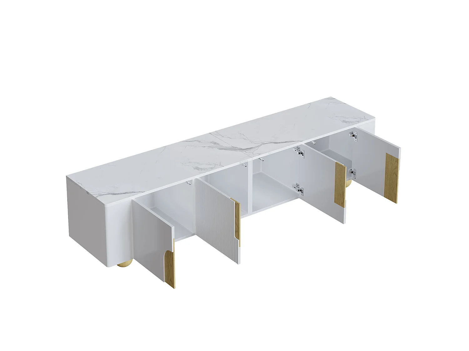 Meuble TV blanc 180 cm, 4 portes, design élégant, surface aspect marbre, pieds en bois sphériques