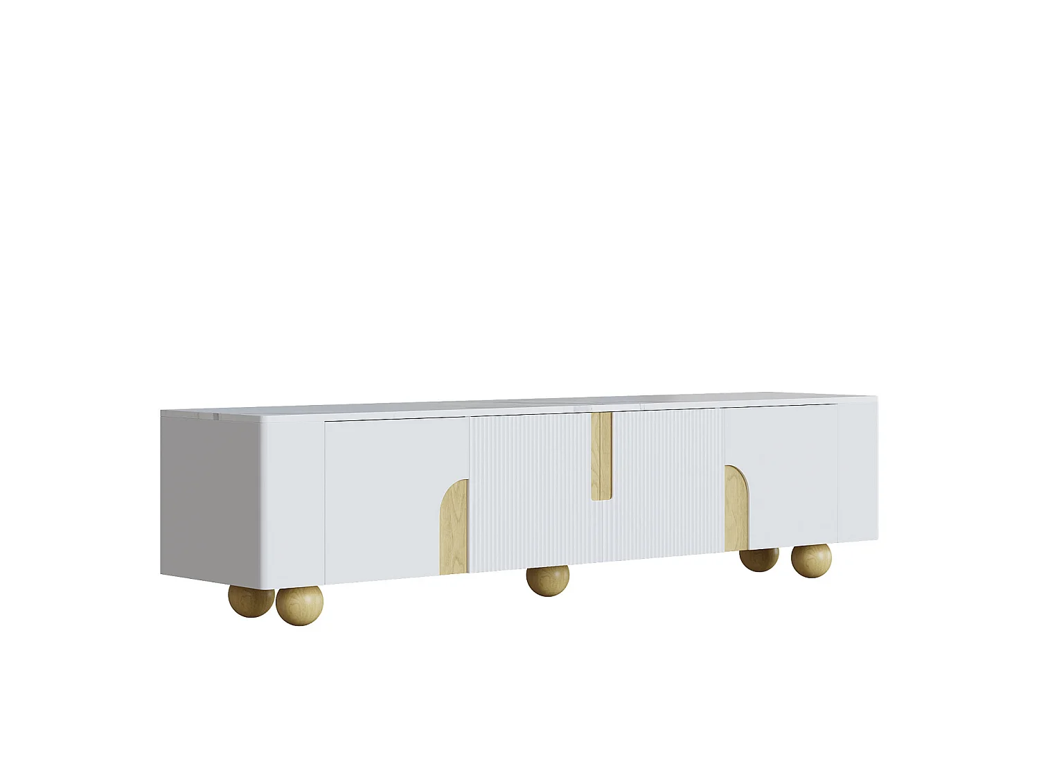 Meuble TV blanc 180 cm, 4 portes, design élégant, surface aspect marbre, pieds en bois sphériques