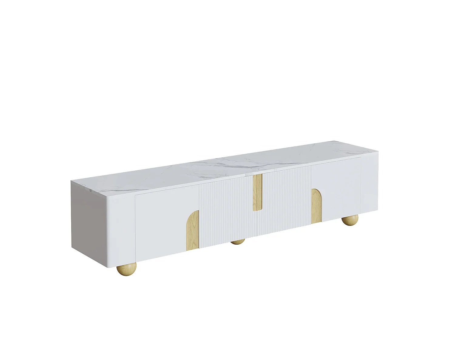 Meuble TV blanc 180 cm, 4 portes, design élégant, surface aspect marbre, pieds en bois sphériques