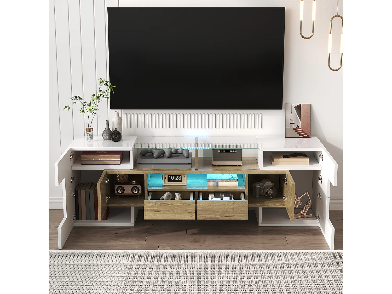 Mueble de TV moderno de alto brillo con iluminación LED, 4 puertas y 2 cajones, espacio de almacenamiento abierto, blanco