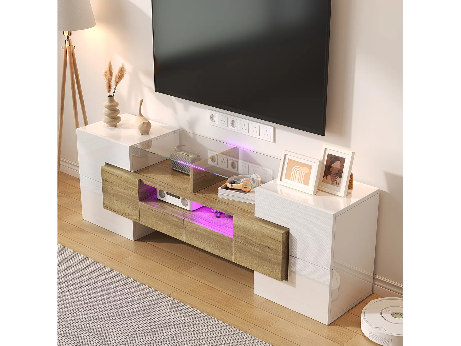 Mueble de TV moderno de alto brillo con iluminación LED, 4 puertas y 2 cajones, espacio de almacenamiento abierto, blanco