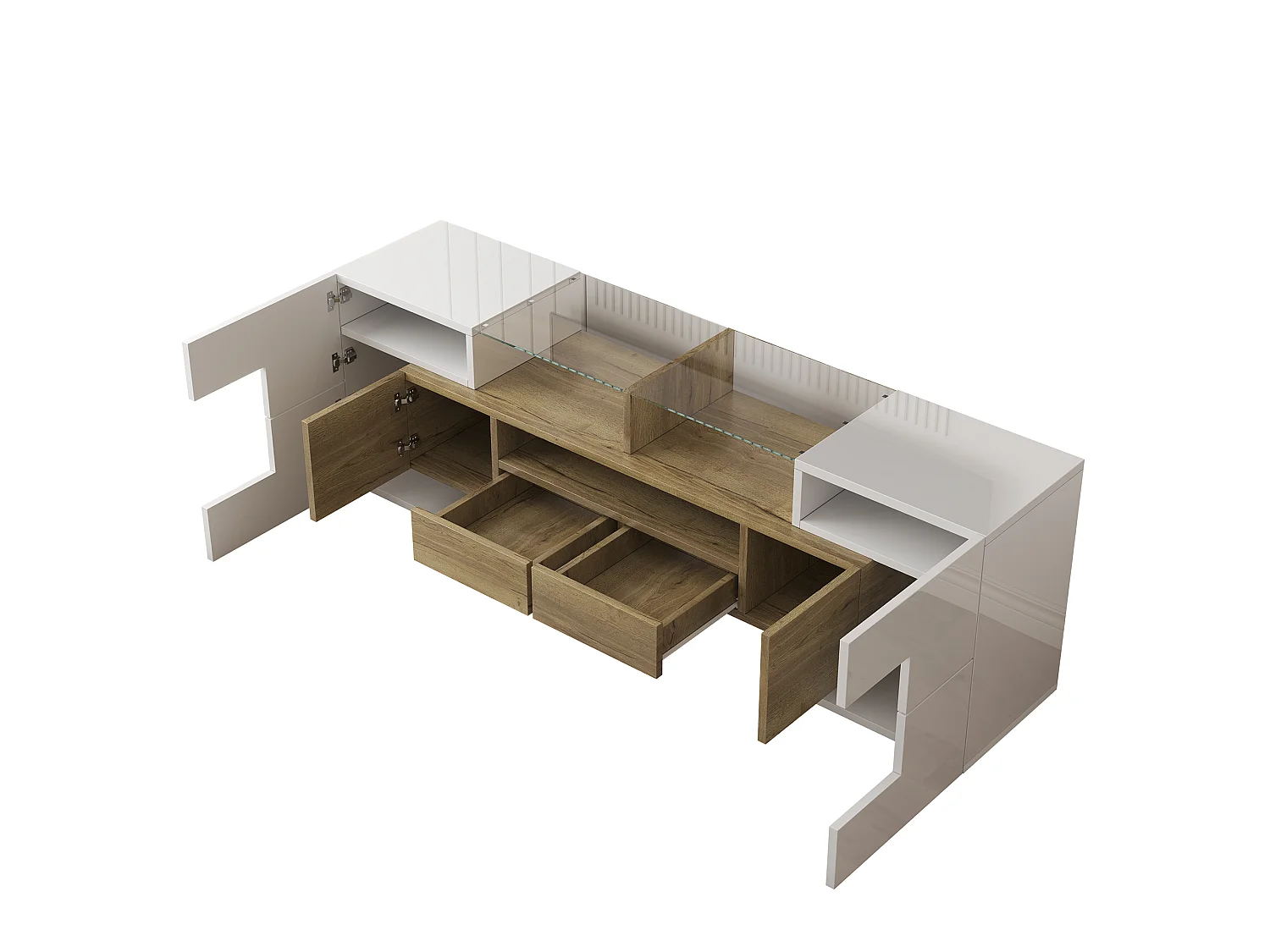 Mueble de TV moderno de alto brillo con iluminación LED, 4 puertas y 2 cajones, espacio de almacenamiento abierto, blanco