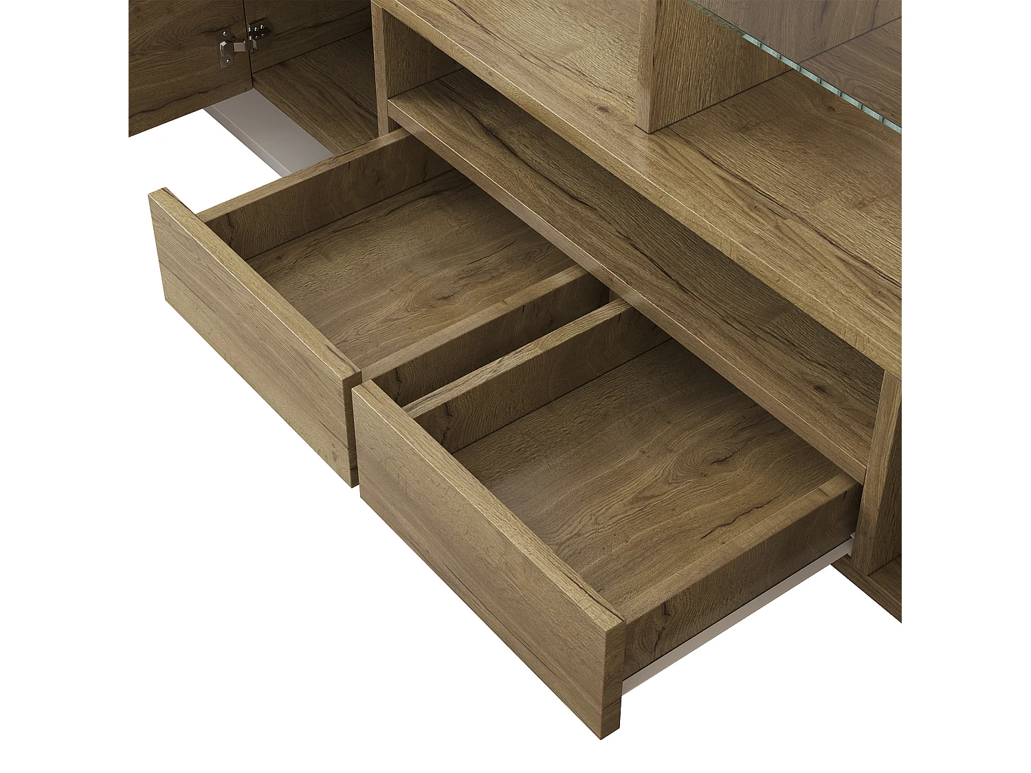 Mueble de TV moderno de alto brillo con iluminación LED, 4 puertas y 2 cajones, espacio de almacenamiento abierto, blanco