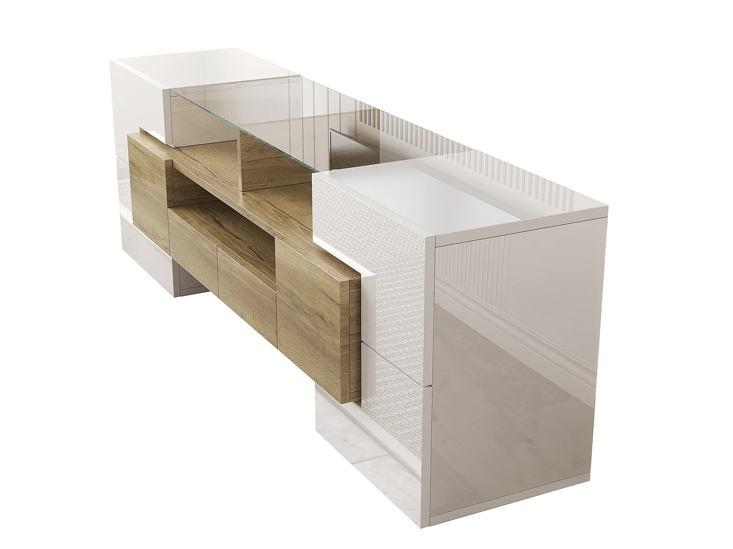Mueble de TV moderno de alto brillo con iluminación LED, 4 puertas y 2 cajones, espacio de almacenamiento abierto, blanco