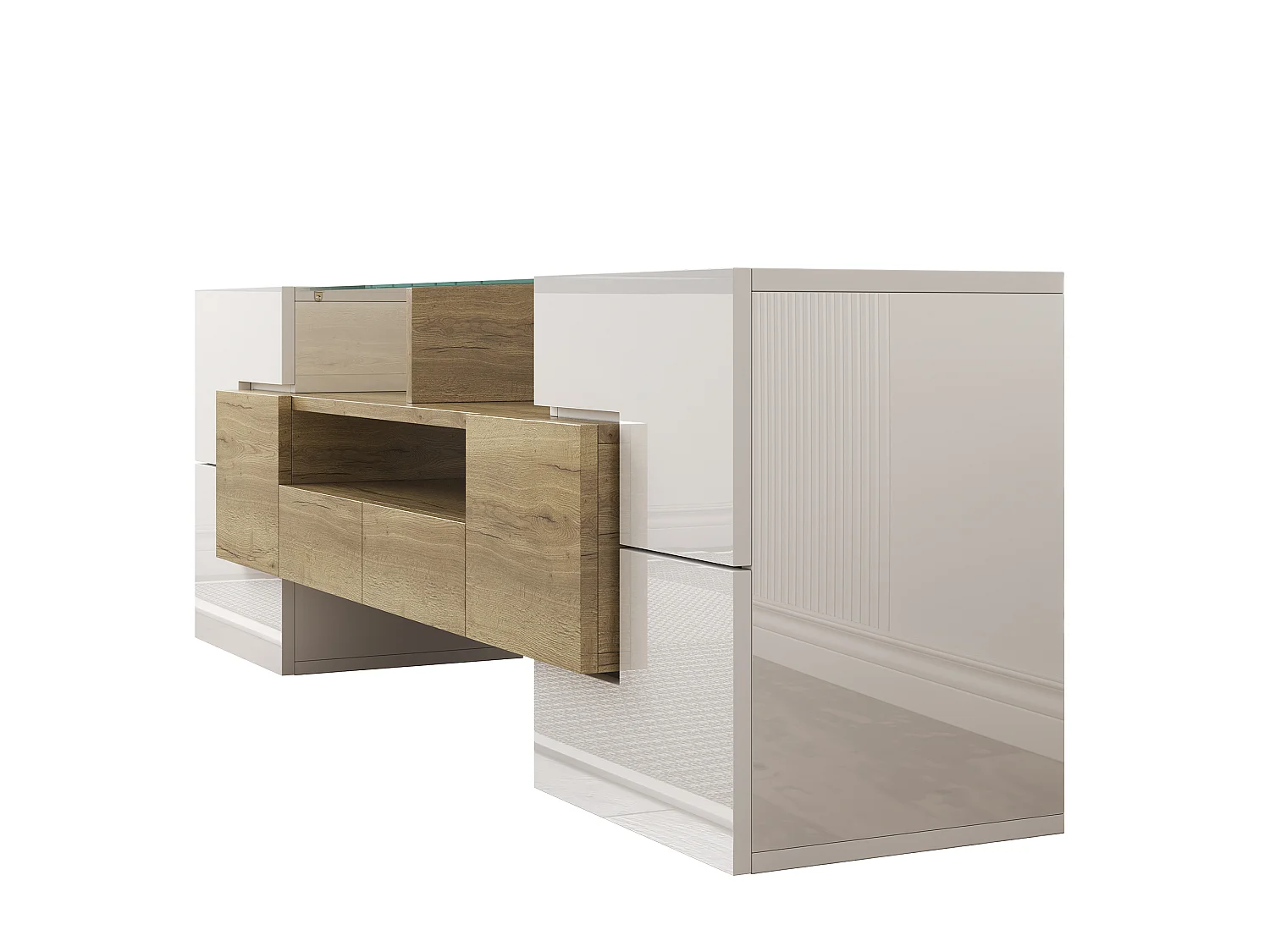Mueble de TV moderno de alto brillo con iluminación LED, 4 puertas y 2 cajones, espacio de almacenamiento abierto, blanco