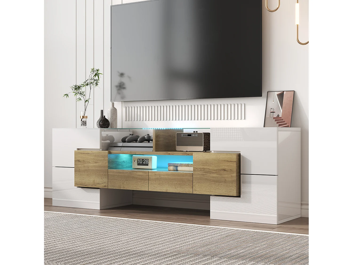 Mueble de TV moderno de alto brillo con iluminación LED, 4 puertas y 2 cajones, espacio de almacenamiento abierto, blanco
