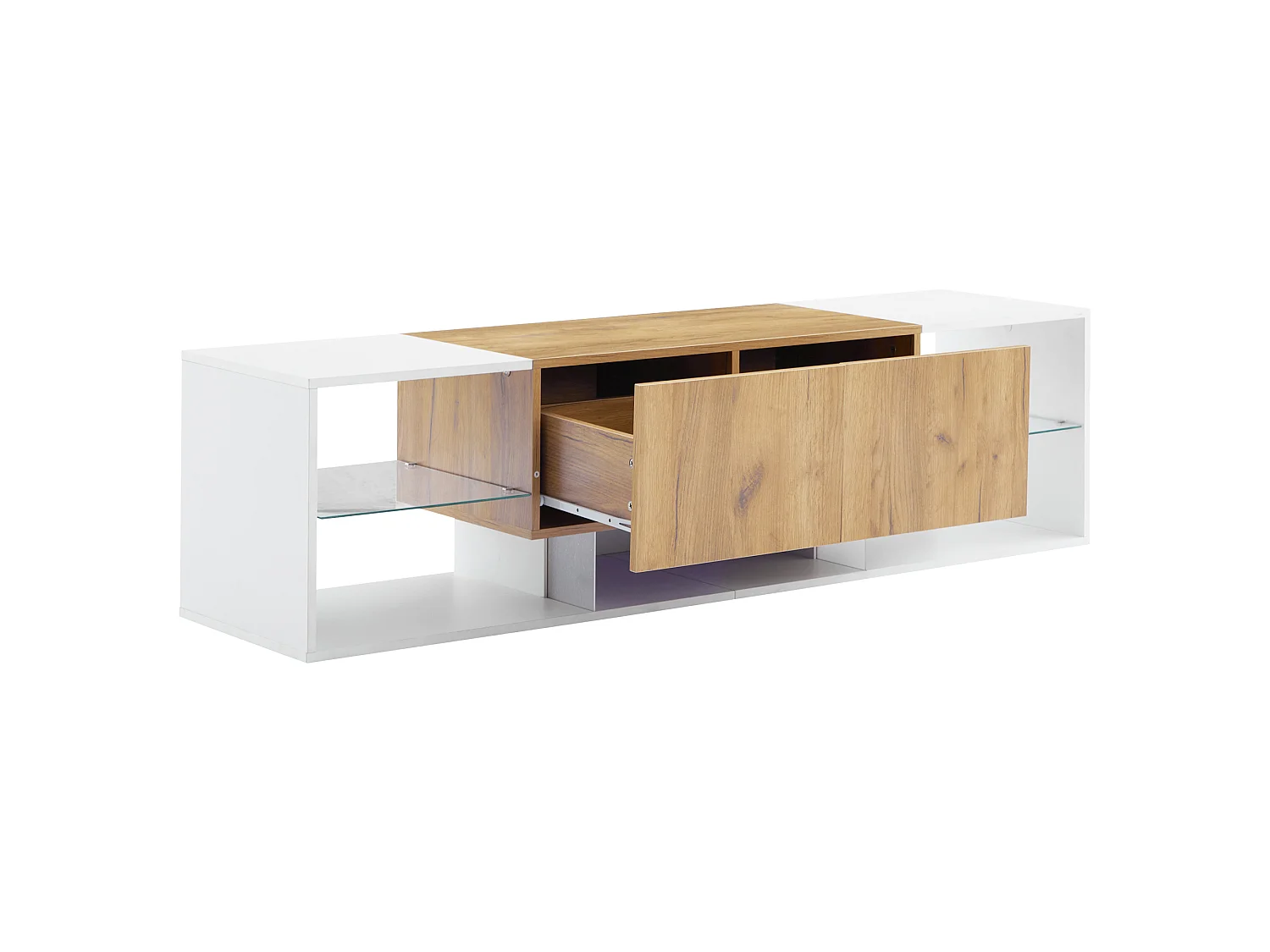 Meuble TV 160 x 40 x 42 cm, Console TV Moderne avec Plateau de Rangement en Verre et 2 tiroirs,Blanc