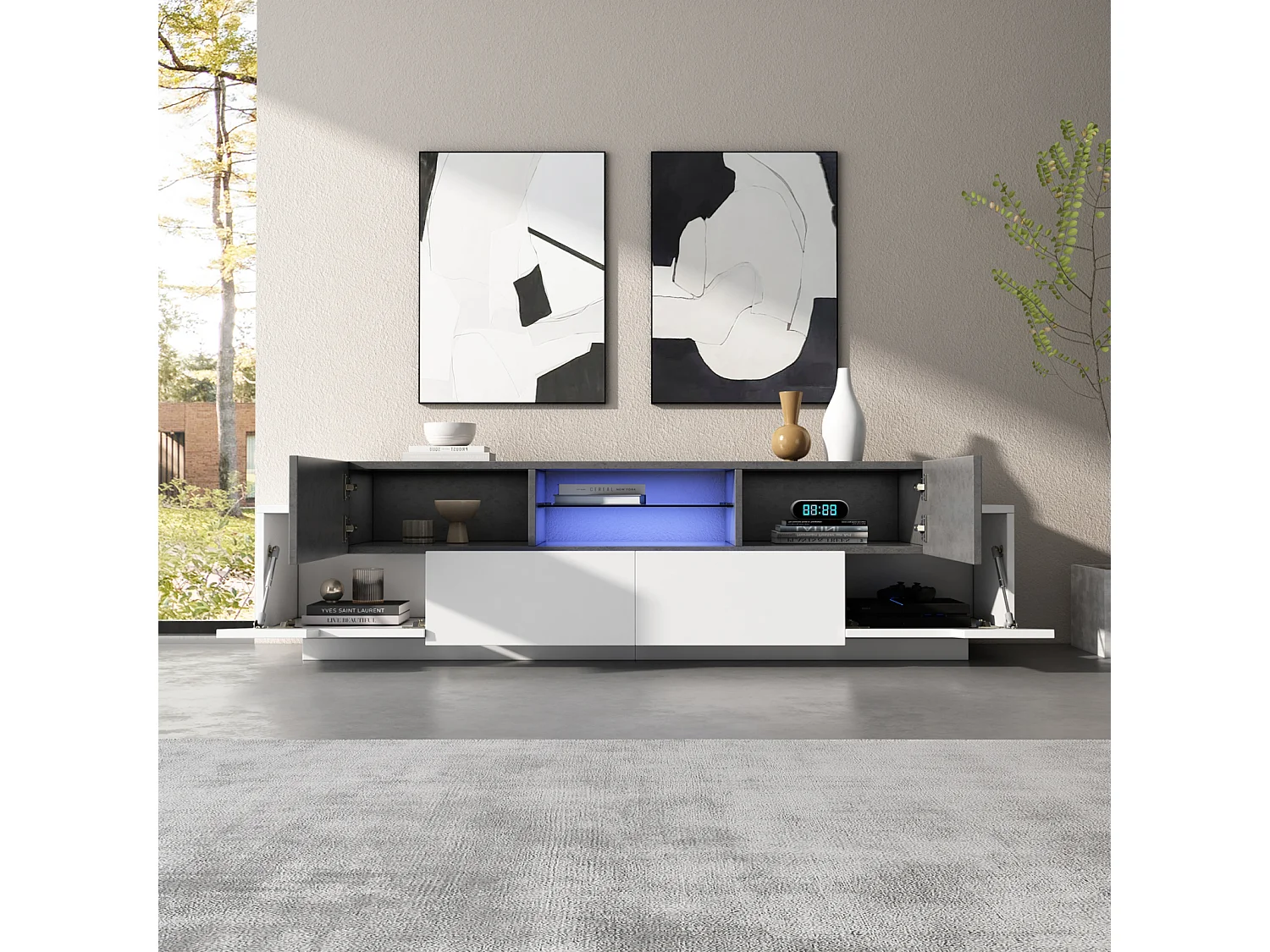 Meuble TV LED avec 4 Portes étagères en Verre Ouvertes 1 tiroir Commode TV, Blanc + Gris