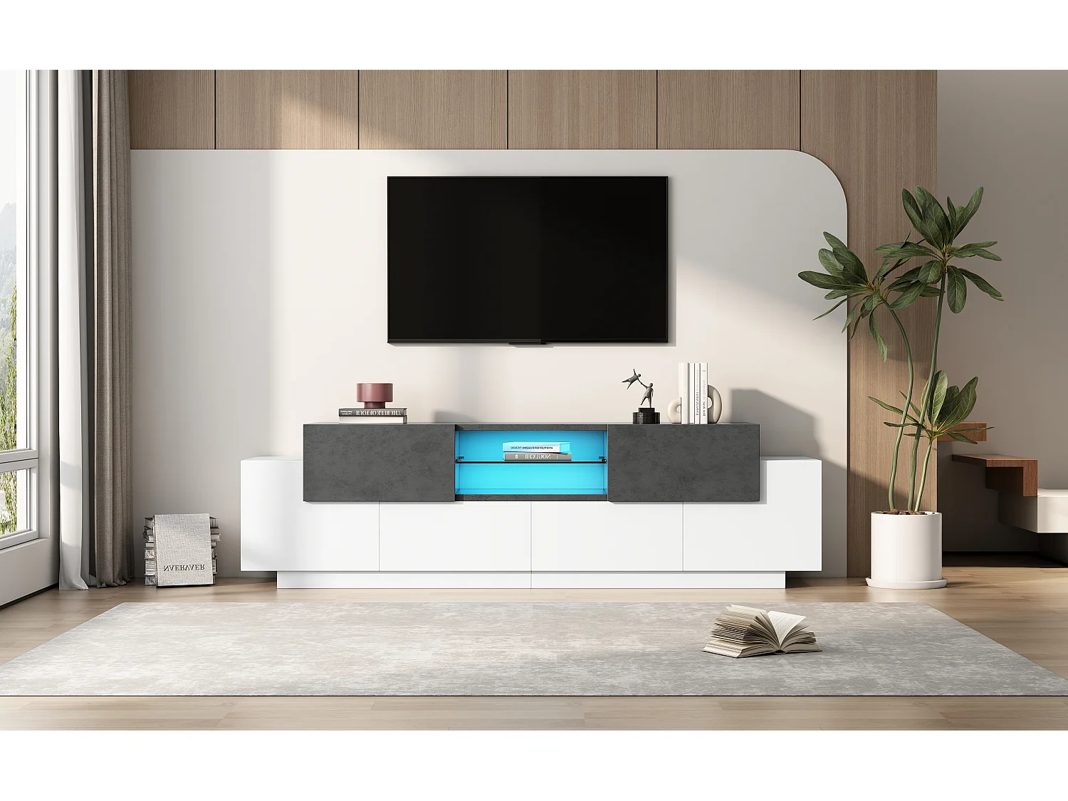 Meuble TV LED avec 4 Portes étagères en Verre Ouvertes 1 tiroir Commode TV, Blanc + Gris