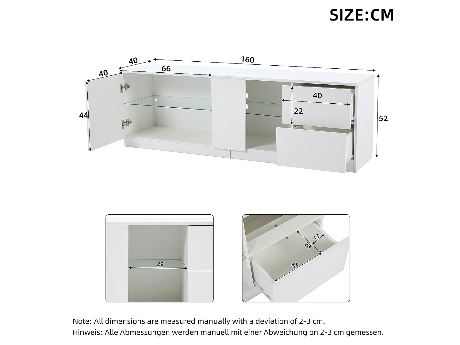 Meuble TV bas brillant de 160 cm avec éclairage LED - Avec 2 tiroirs et 1 porte d'armoire - Blanc