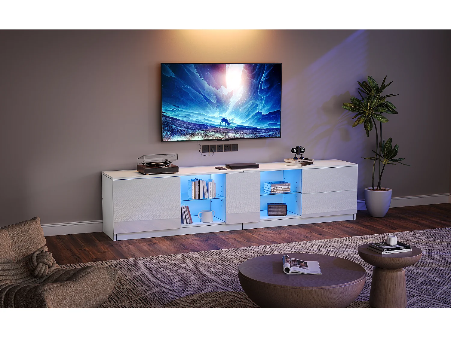 Meuble TV bas brillant de 160 cm avec éclairage LED - Avec 2 tiroirs et 1 porte d'armoire - Blanc
