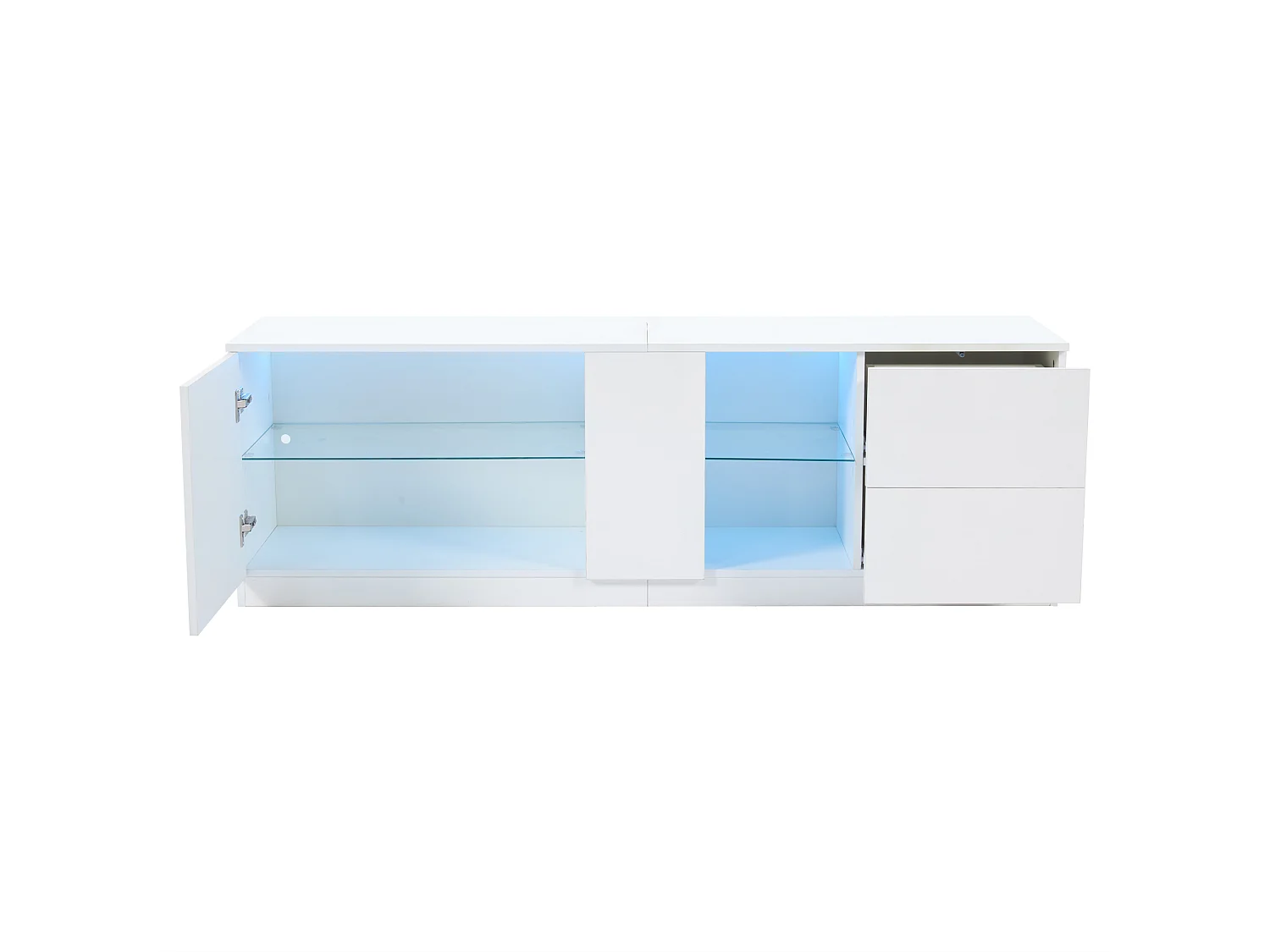 Meuble TV bas brillant de 160 cm avec éclairage LED - Avec 2 tiroirs et 1 porte d'armoire - Blanc