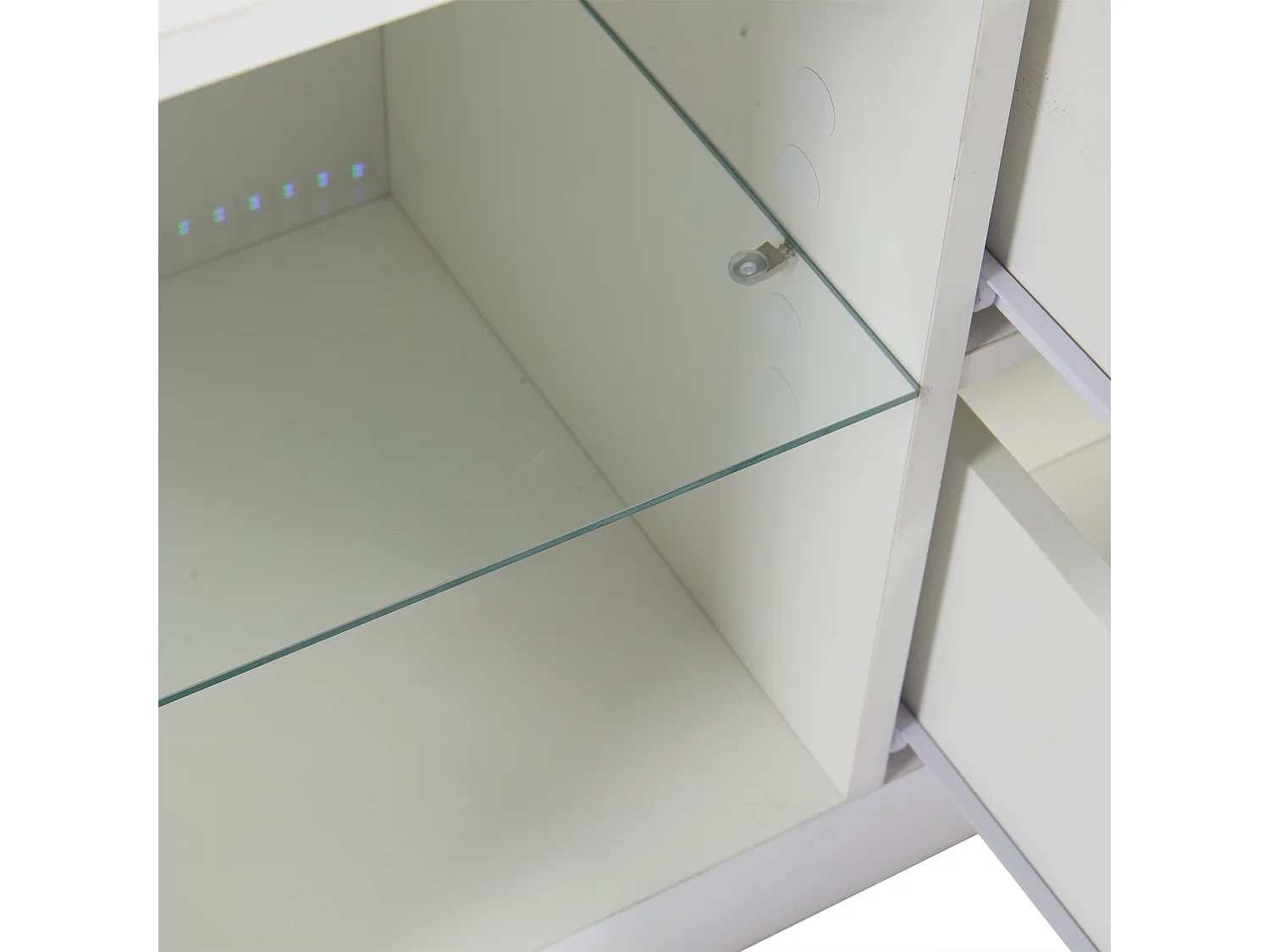 Meuble TV bas brillant de 160 cm avec éclairage LED - Avec 2 tiroirs et 1 porte d'armoire - Blanc