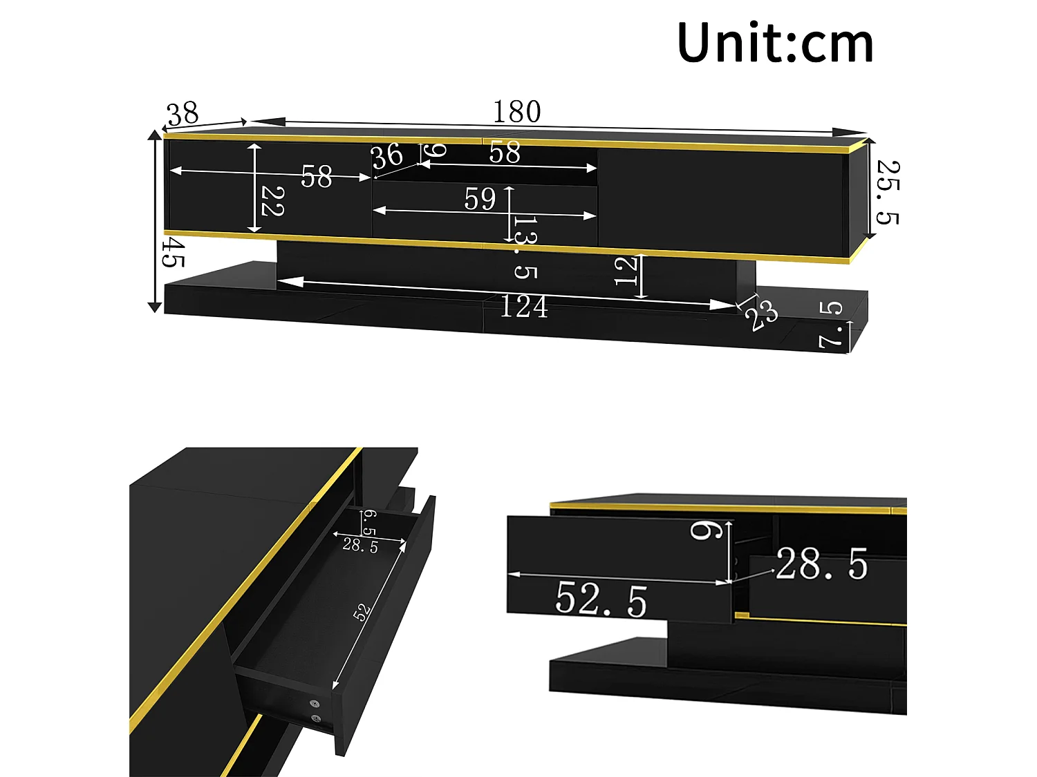 Suporte para TV de 180 cm com iluminação LED, acabamento brilhante, 3 gavetas e um compartimento aberto, preto.