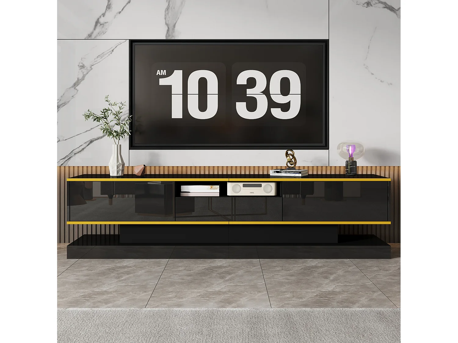 Suporte para TV de 180 cm com iluminação LED, acabamento brilhante, 3 gavetas e um compartimento aberto, preto.