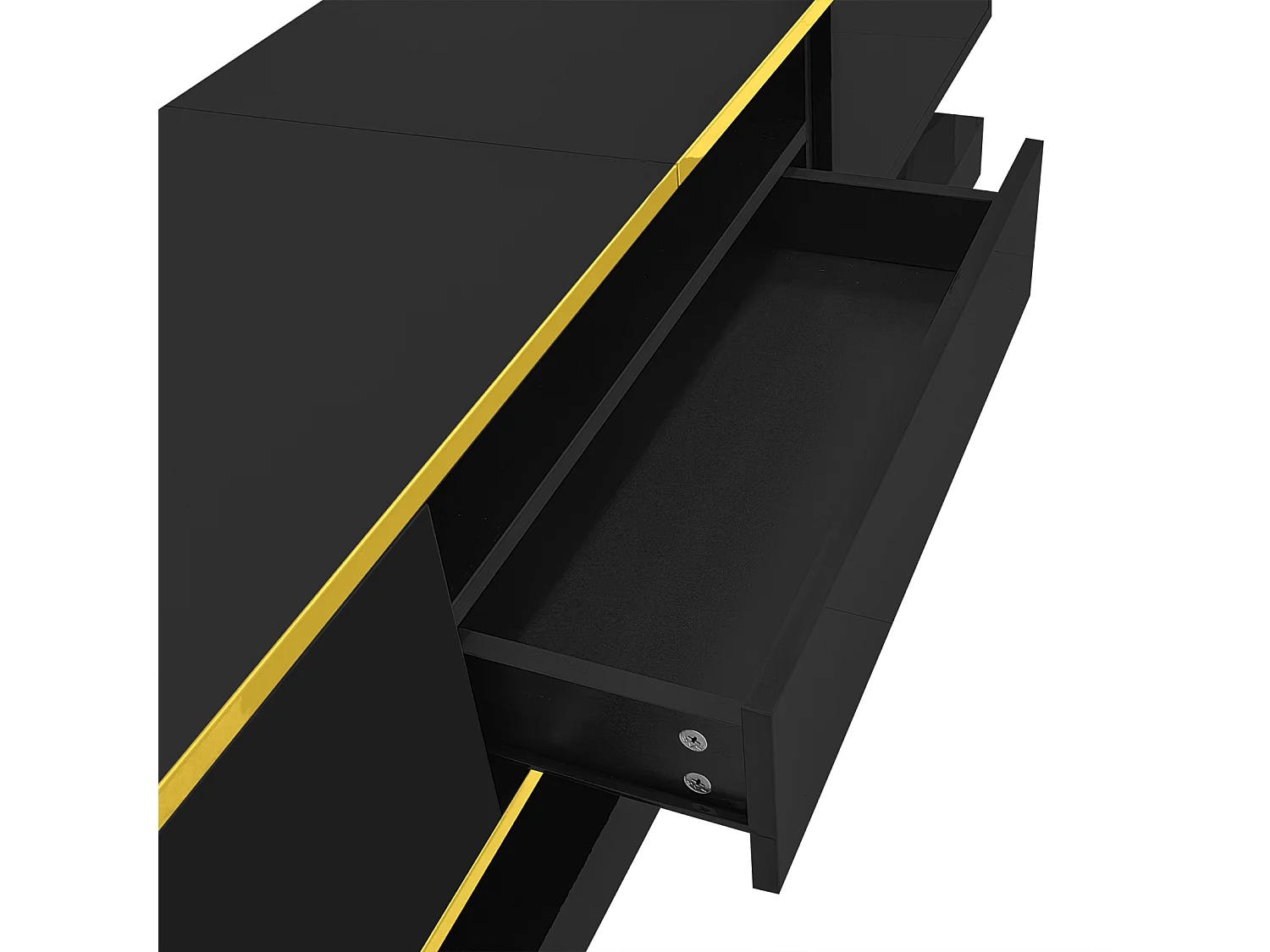 Suporte para TV de 180 cm com iluminação LED, acabamento brilhante, 3 gavetas e um compartimento aberto, preto.