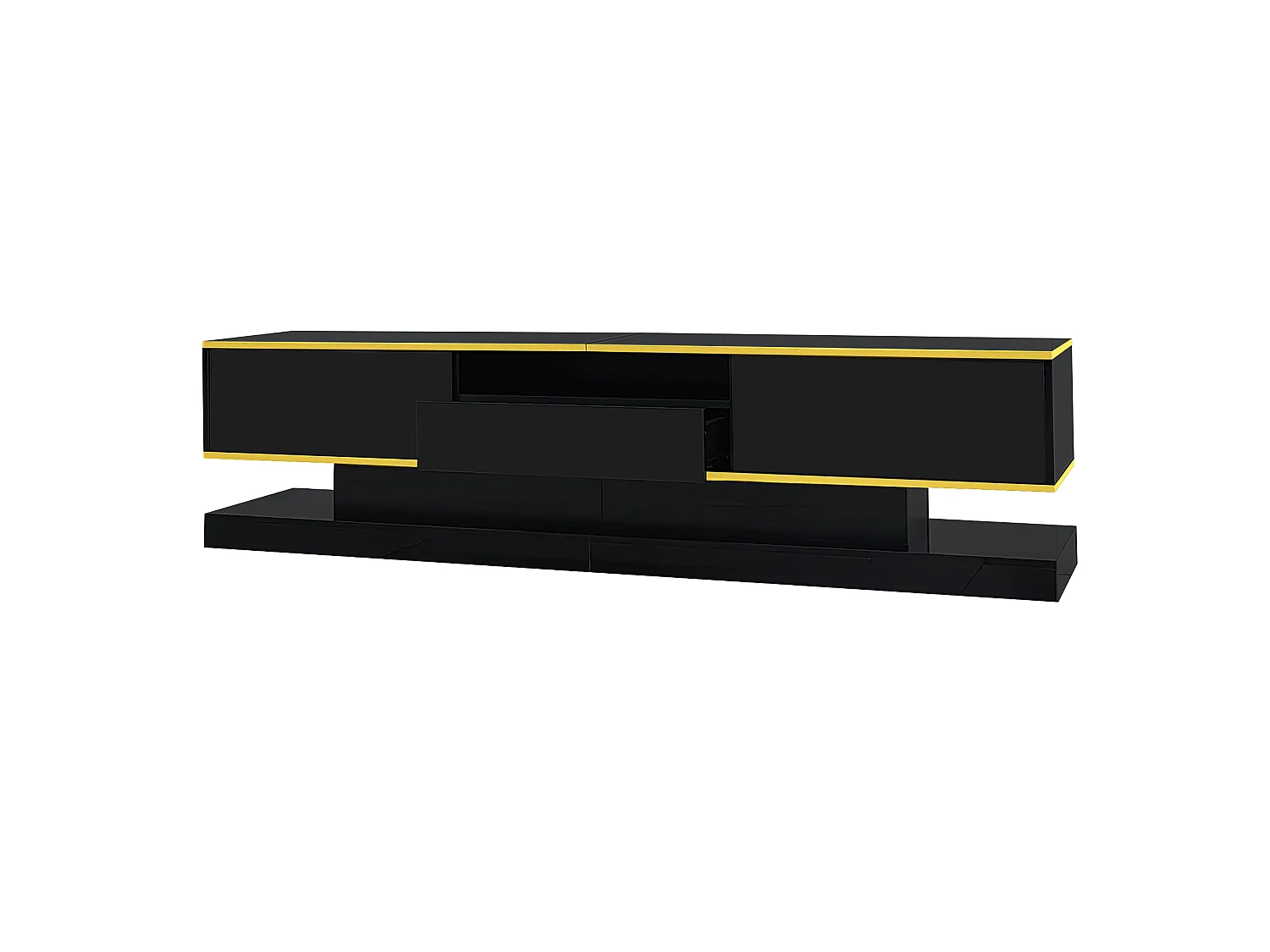 Suporte para TV de 180 cm com iluminação LED, acabamento brilhante, 3 gavetas e um compartimento aberto, preto.