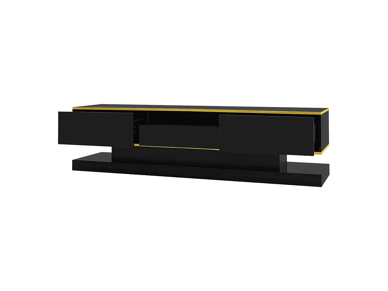 Suporte para TV de 180 cm com iluminação LED, acabamento brilhante, 3 gavetas e um compartimento aberto, preto.