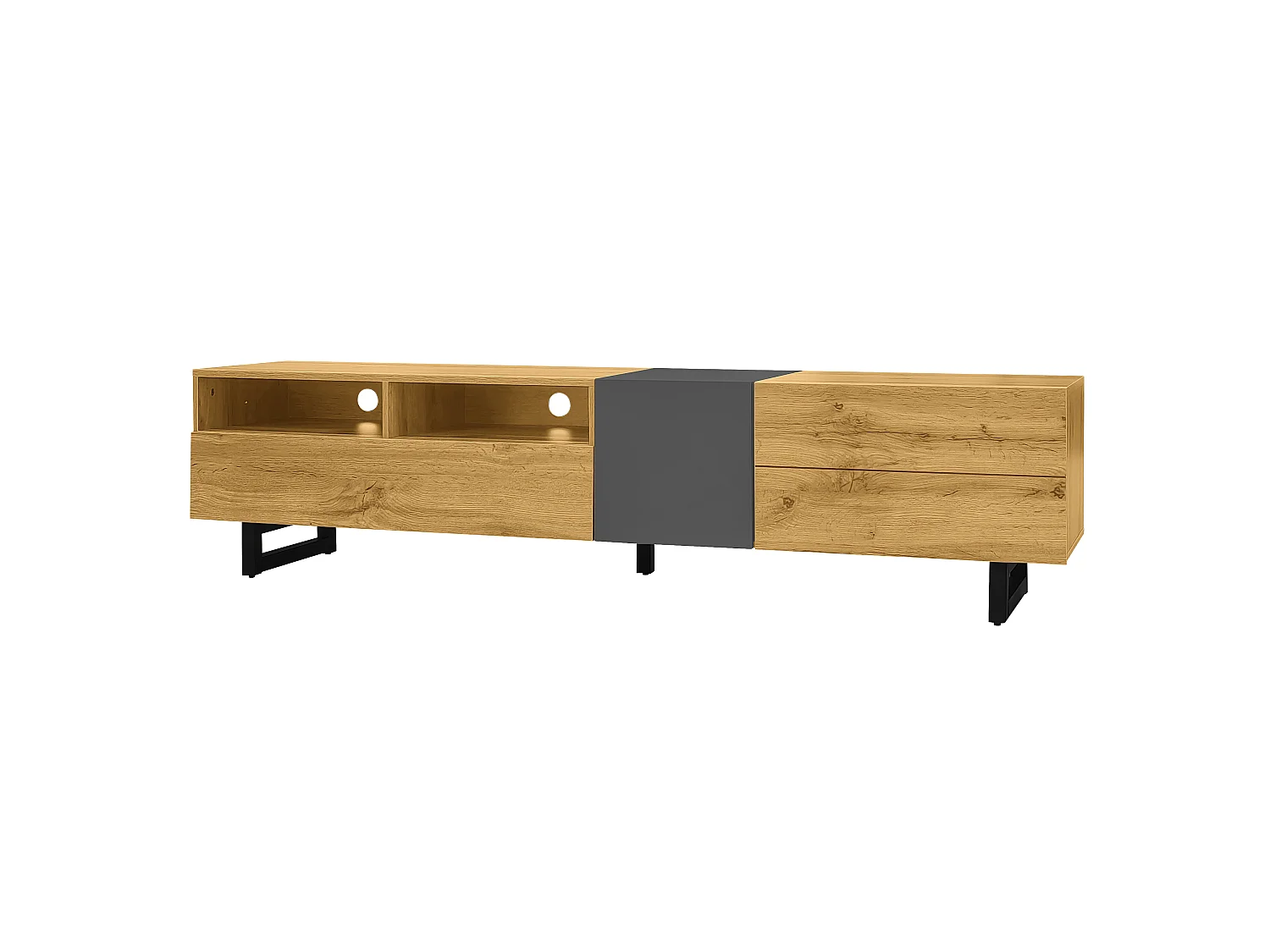 Colorblock tv-meubel met contrasterend design, 3 deuren en 2 planken, U-vormige metalen poten, 170x36x42 cm