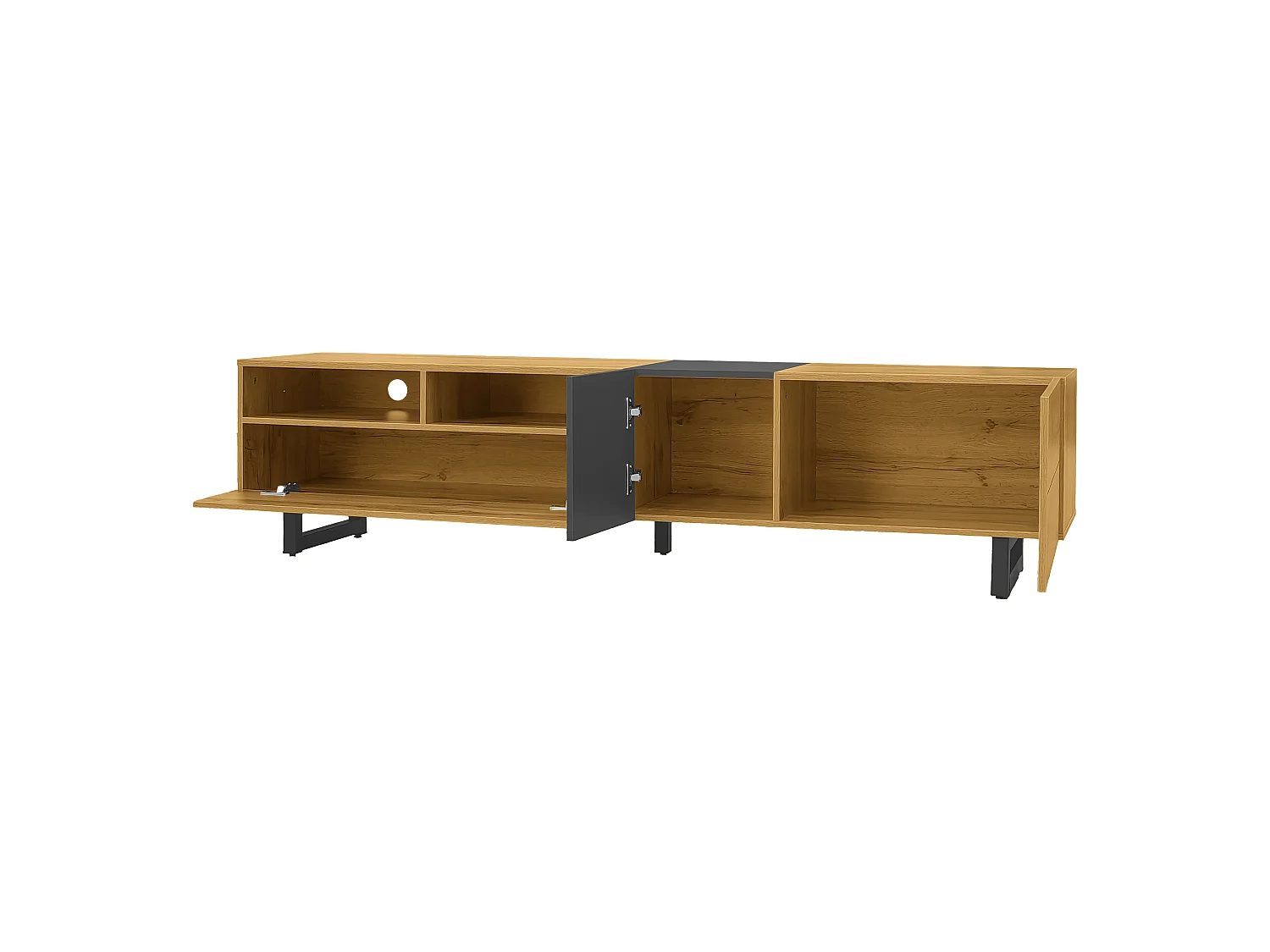 Colorblock tv-meubel met contrasterend design, 3 deuren en 2 planken, U-vormige metalen poten, 170x36x42 cm