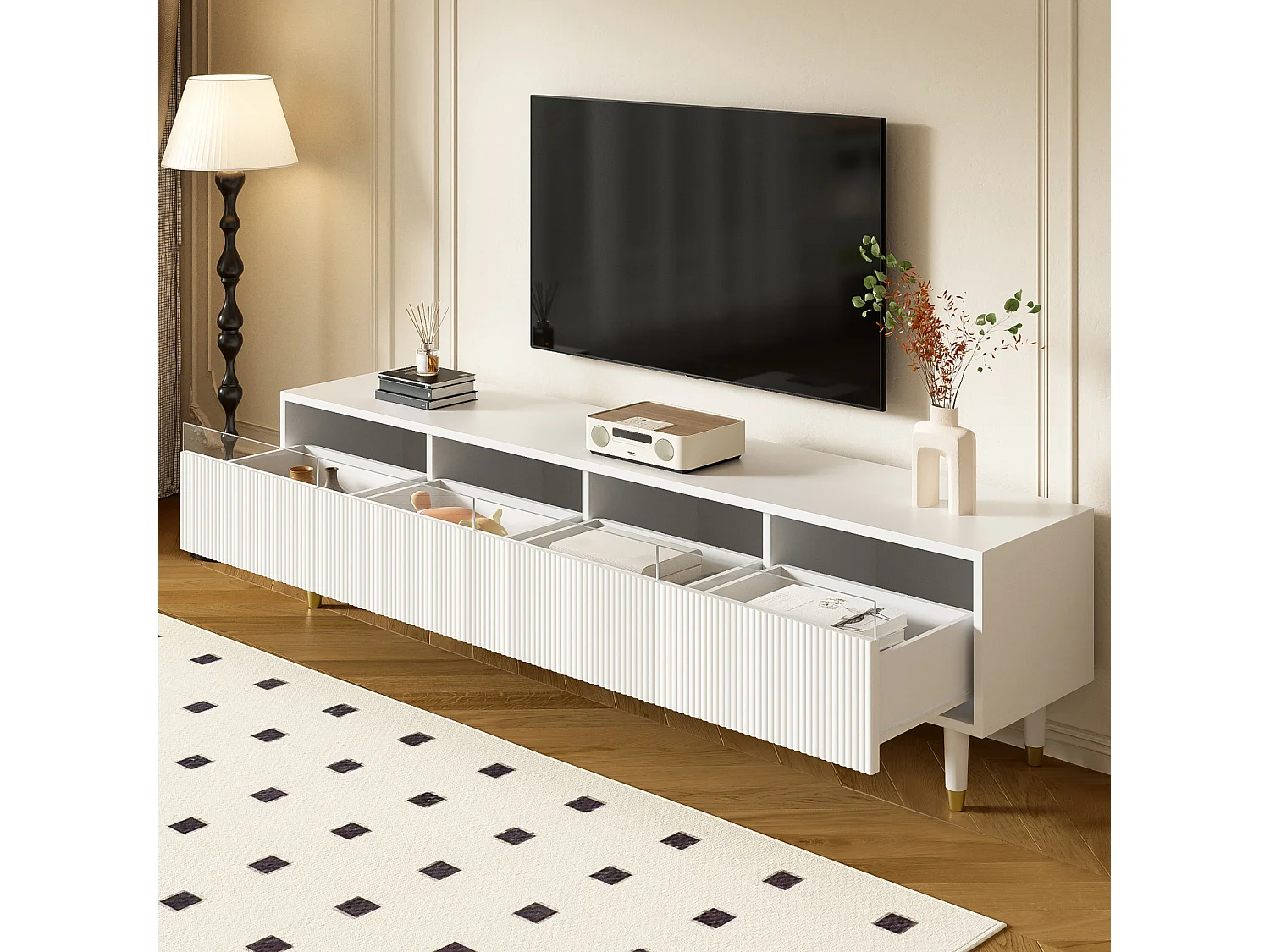 Móvel de TV moderno com acabamento em madeira, 178 cm – Design minimalista, amplo espaço de armazenamento, 4 gavetas, branco