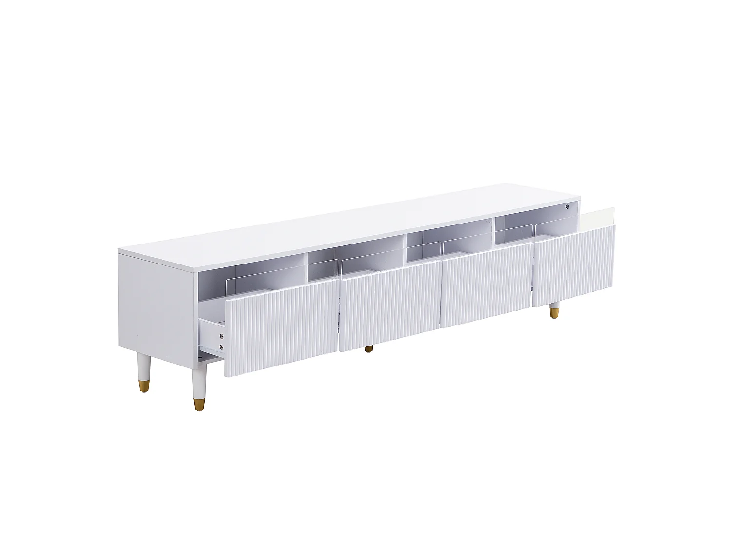 Móvel de TV moderno com acabamento em madeira, 178 cm – Design minimalista, amplo espaço de armazenamento, 4 gavetas, branco