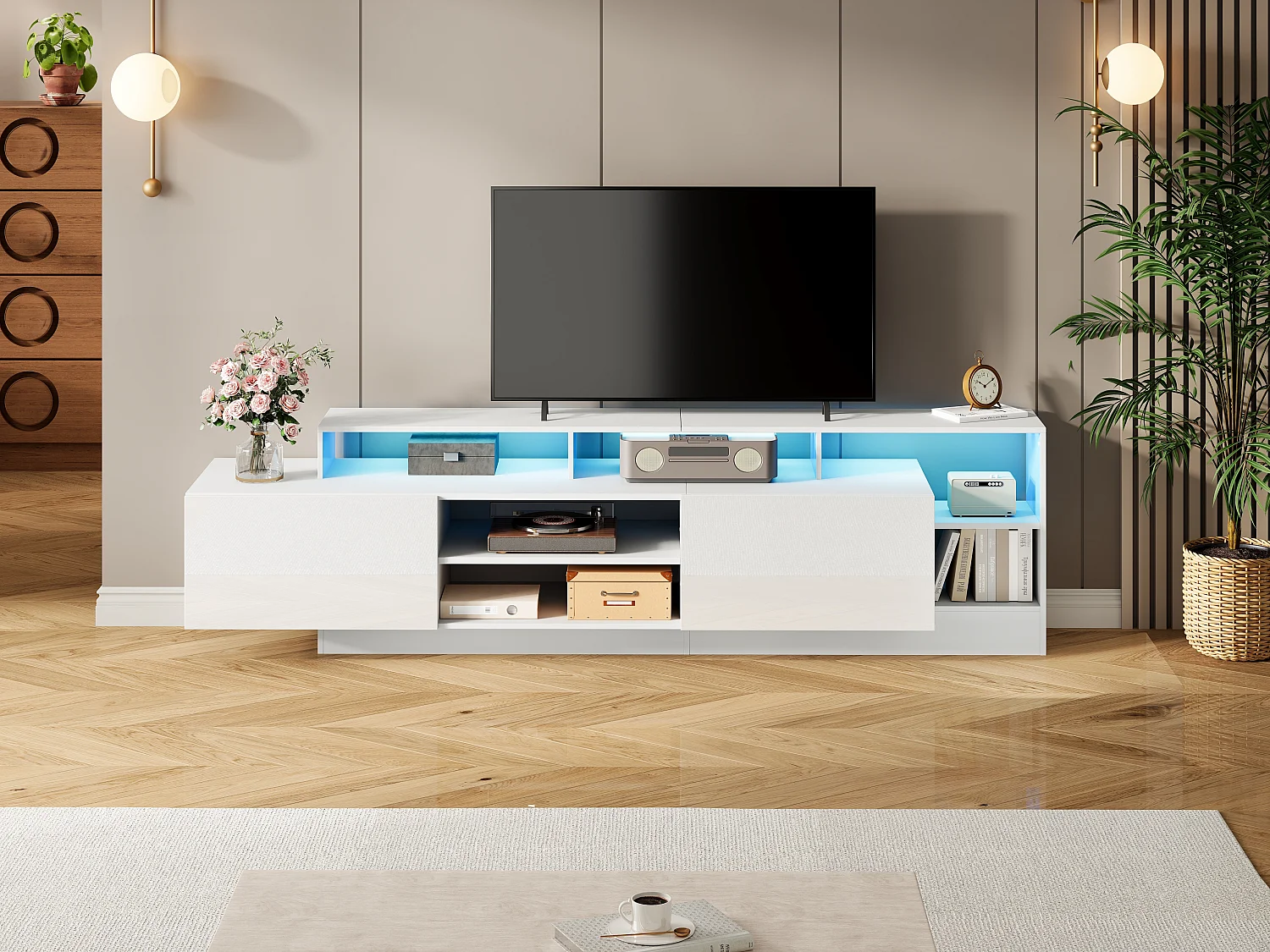 Meuble TV moderne 190 x 40 x 48,5 cm, espace de rangement ouvert avec LED, adapté pour salon, Blanc
