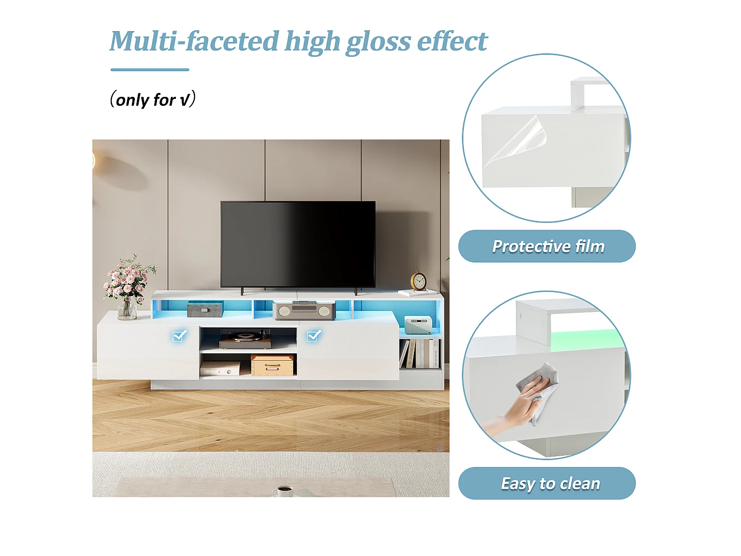 Meuble TV moderne 190 x 40 x 48,5 cm, espace de rangement ouvert avec LED, adapté pour salon, Blanc