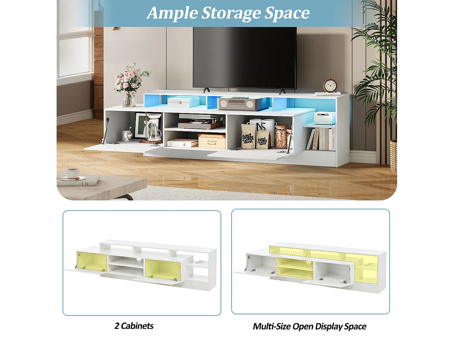 Meuble TV moderne 190 x 40 x 48,5 cm, espace de rangement ouvert avec LED, adapté pour salon, Blanc