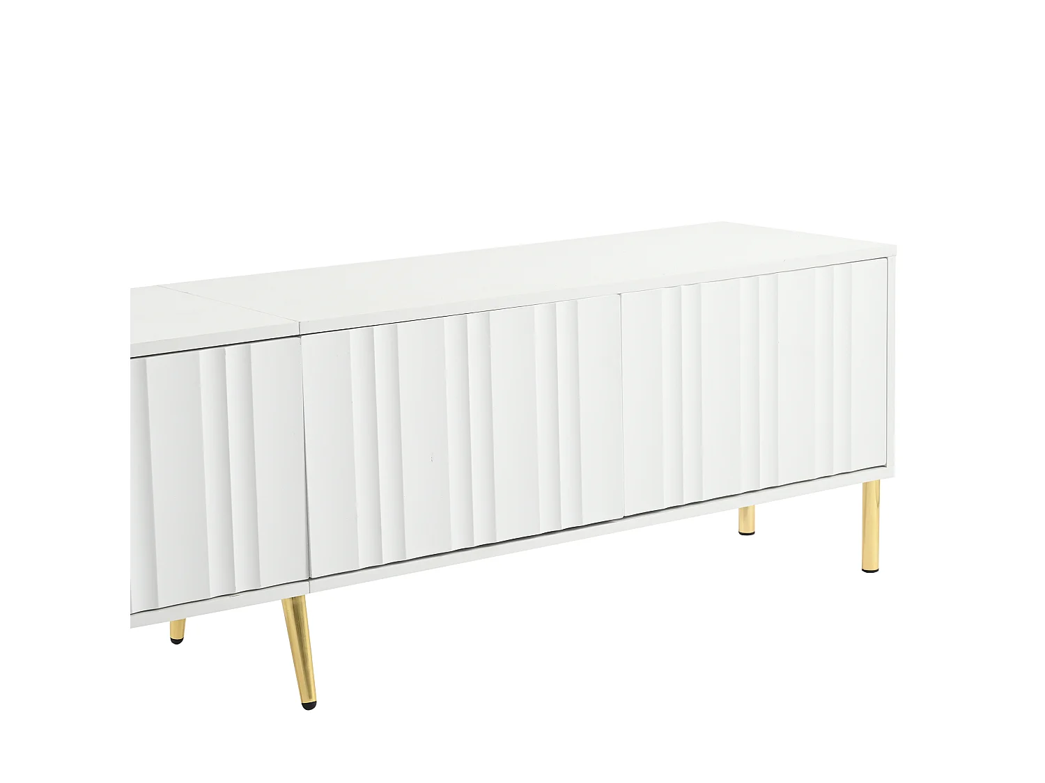 Meuble TV 190x38x48cm - Armoire avec 4 Portes, Pieds de Table dorés, Design de Porte rainurée, Blanc