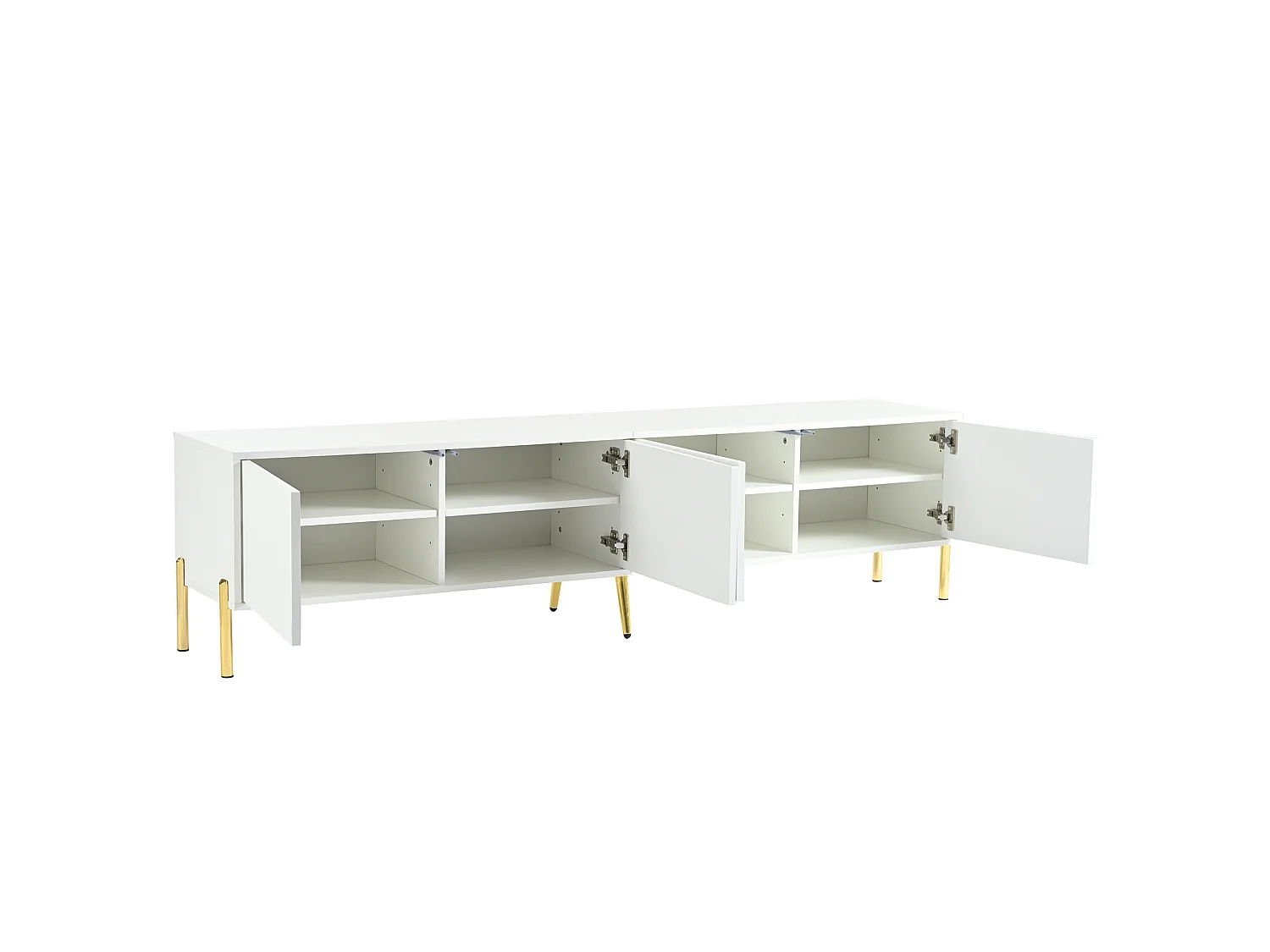 Meuble TV 190x38x48cm - Armoire avec 4 Portes, Pieds de Table dorés, Design de Porte rainurée, Blanc