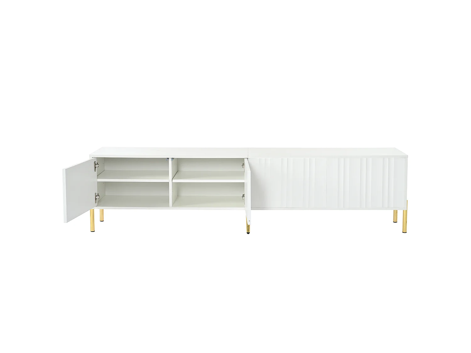 Meuble TV 190x38x48cm - Armoire avec 4 Portes, Pieds de Table dorés, Design de Porte rainurée, Blanc
