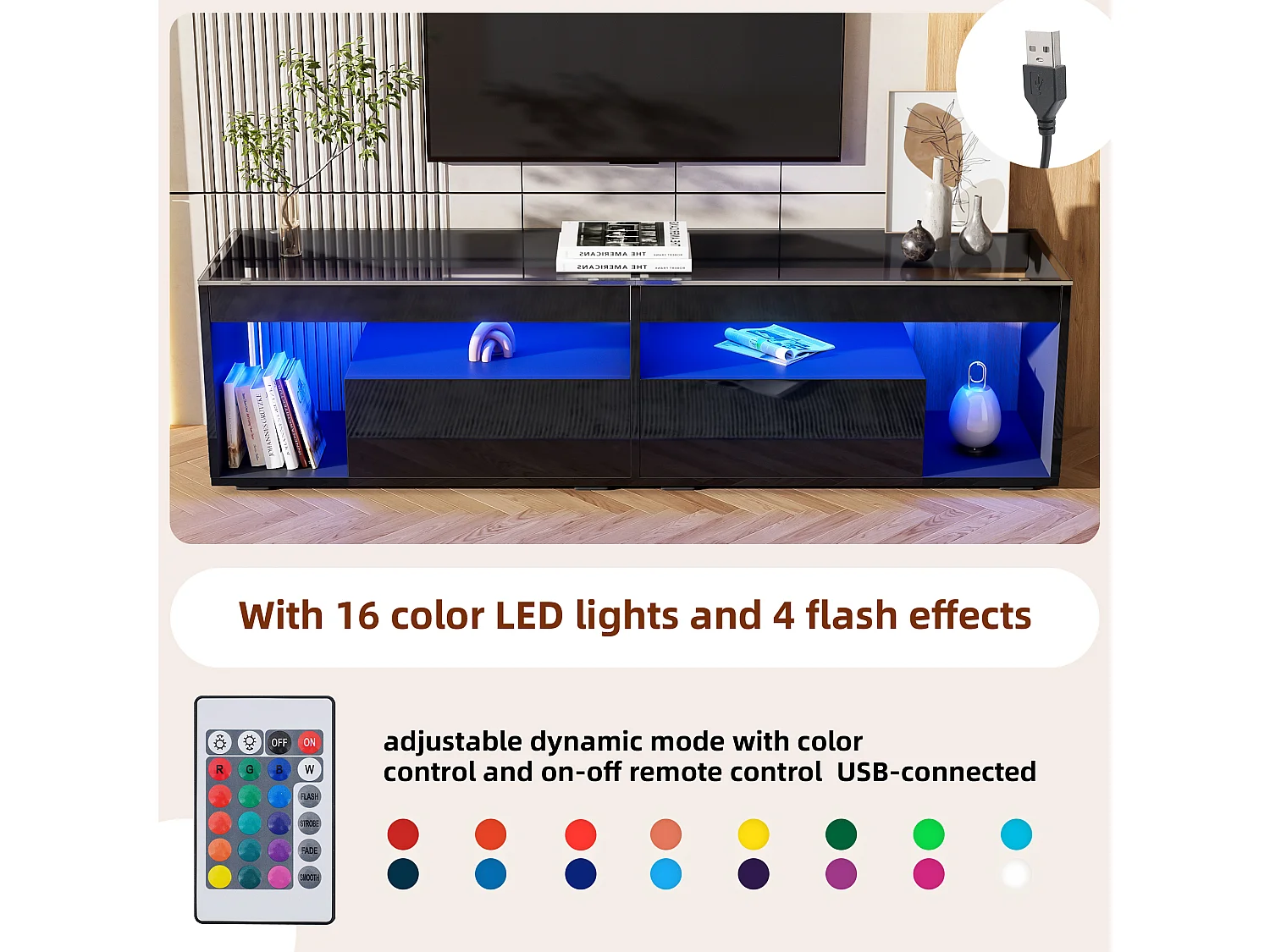 Suporte para TV com iluminação LED - Preto brilhante - Móvel para TV com 2 gavetas - Tampo de vidro