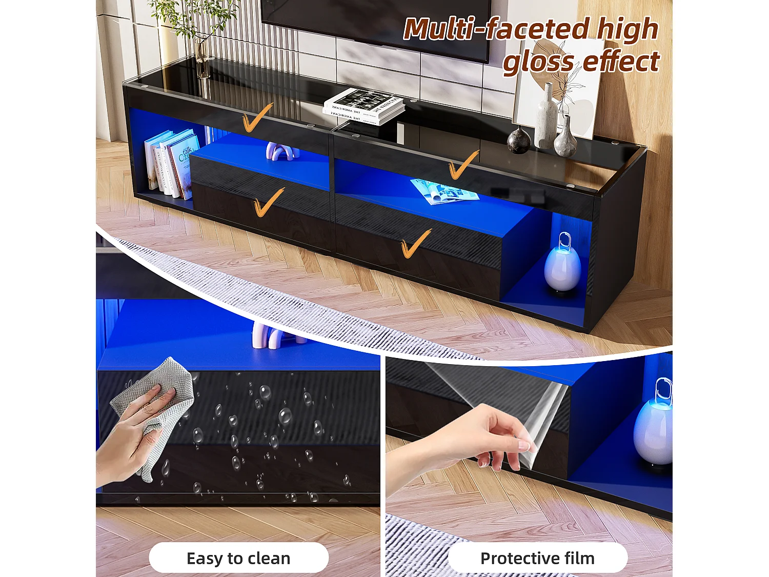 Suporte para TV com iluminação LED - Preto brilhante - Móvel para TV com 2 gavetas - Tampo de vidro
